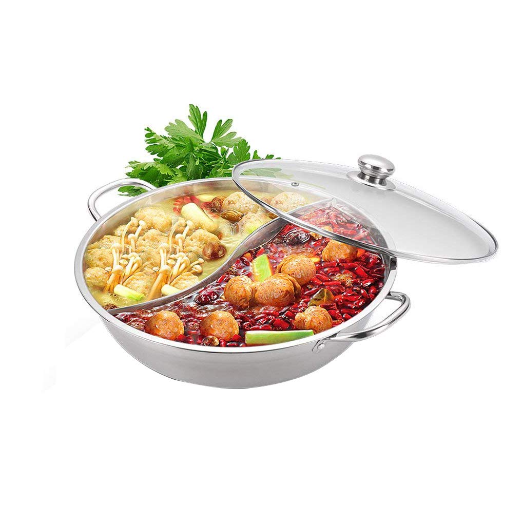 Premium 13-inch Stainless Steel Shabu Shabu Hot Pot with Removable Divider - Compatible with Induction Cooktops & Gas Stoves - Includes Lid - Perfect for Asian Hot Pot, Korean BBQ & Family Dining