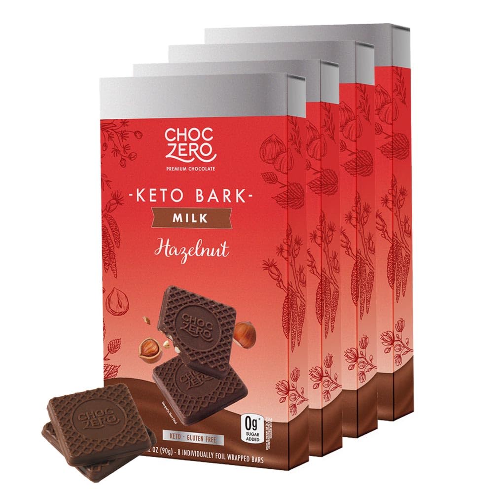 ChocZero Keto Bark - Sugar Free Milk Chocolate Hazelnut Candy Bar with No Sugar Alcohols | Low Carb, No Artificial Sweeteners | 3.2oz (4-Pack) | Perfect for Keto Diet, Diabetic Snacks & Healthy Desserts