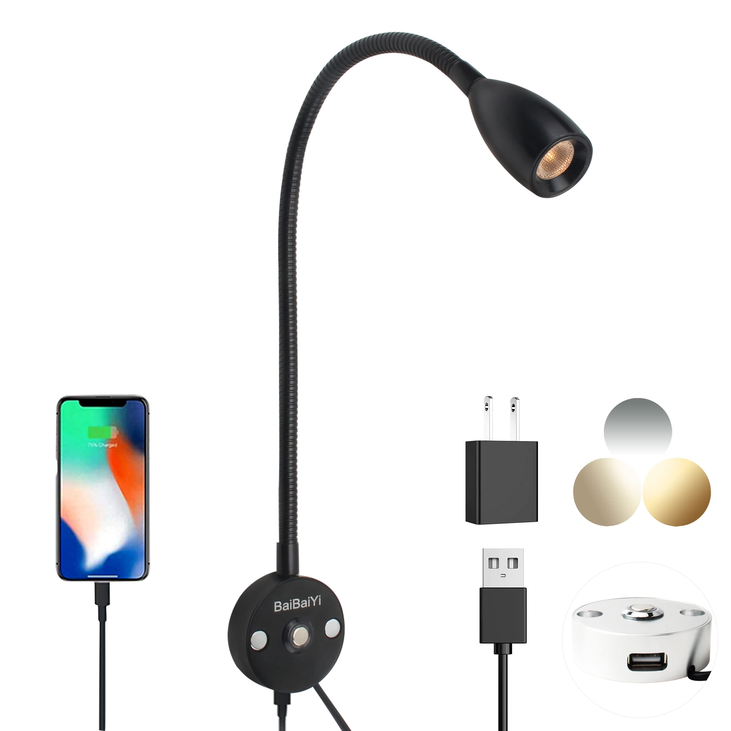 Adjustable Color Temperature LED Reading Lamp with USB Charging Port - Flexible Gooseneck Desk & Wall Light, Touch Switch, Easy Installation (Black) - Perfect for Bedside, Office, Study & Night Reading