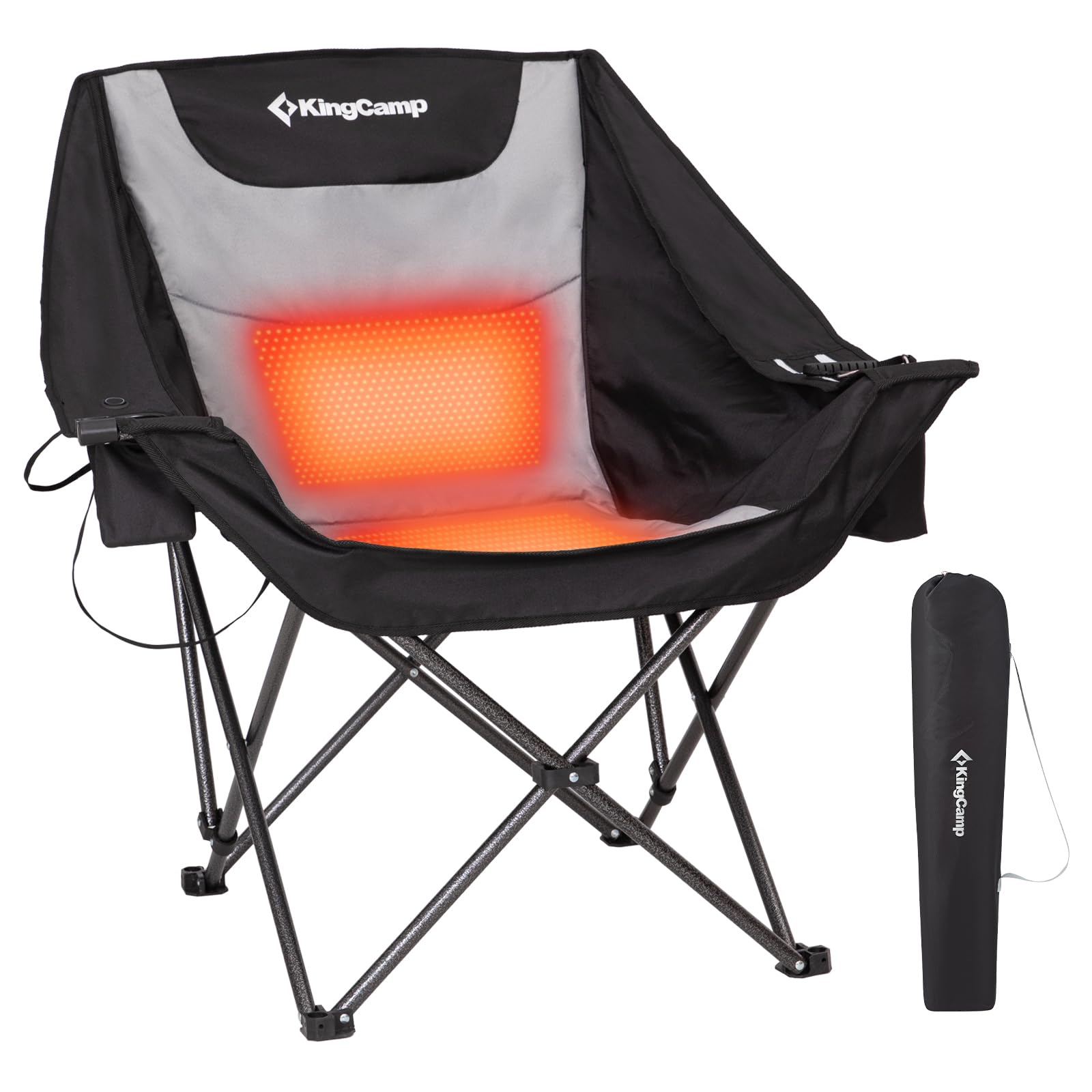 KingCamp Heated Camping Chair with 3 Heat Levels - Oversized Folding Padded Outdoor Chair for Adults, Includes Cooler Bag & Cup Holder (Black/Grey) - Perfect for Camping, Backyard, Fishing & Outdoor Events