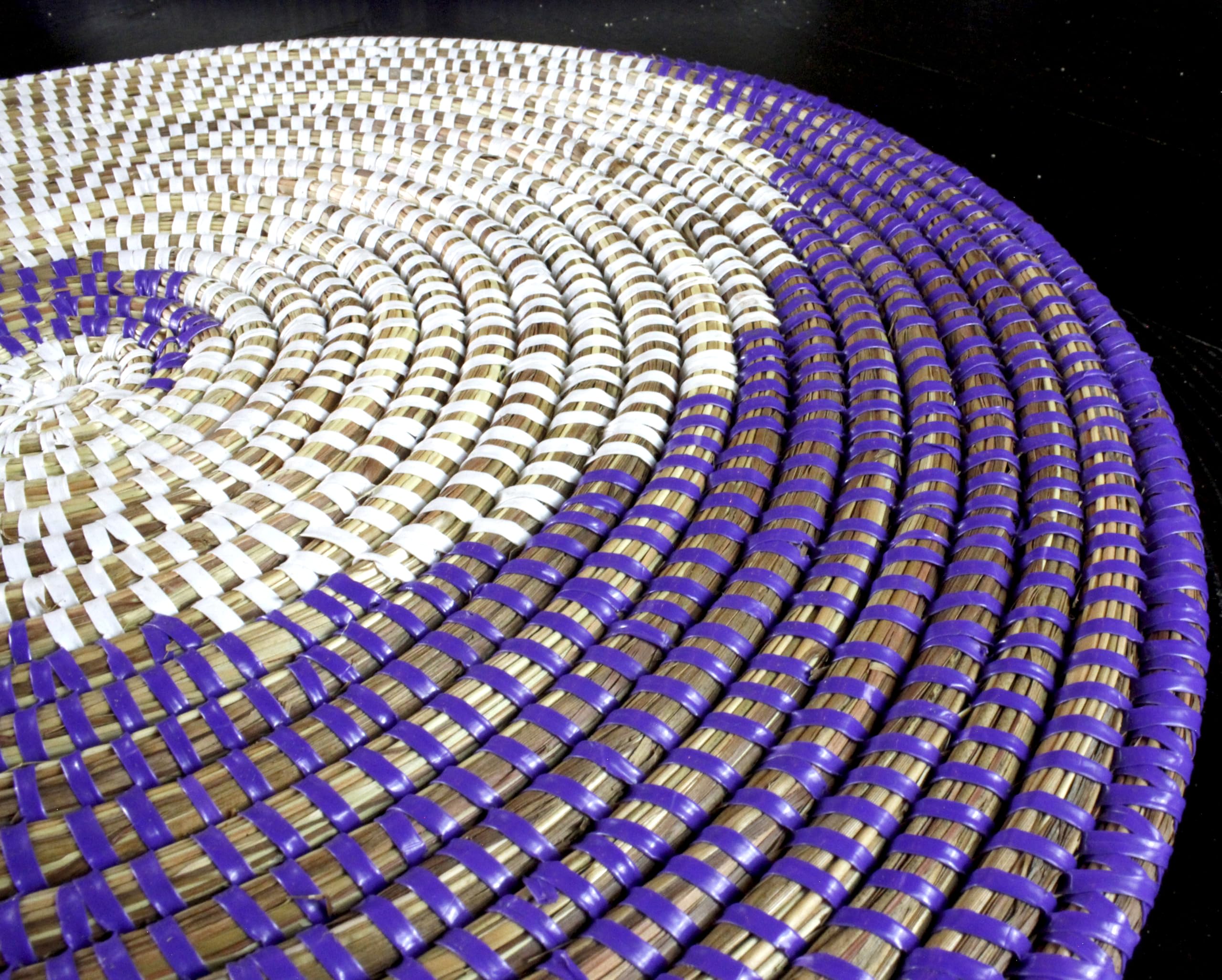 Handwoven African Bohemian Seagrass Placemats - Natural Round Wicker Basket Plates for Dining Table Decor | Purple & White Decorative Hanging Wall Plates | Perfect for Boho Chic Home, Farmhouse Kitchen & Coastal Style Decor