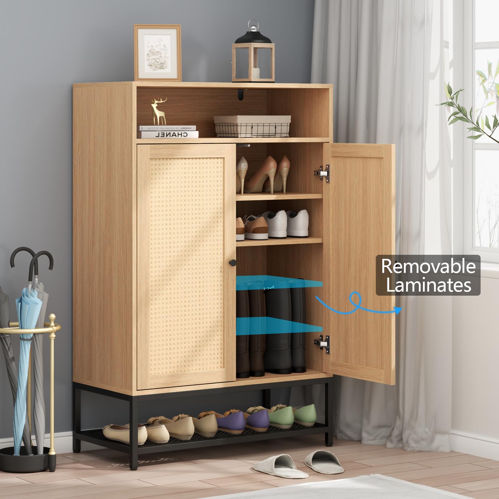 7-Tier Rattan Shoe Storage Cabinet with Adjustable Shelves & Doors - Entryway Shoe Organizer for Hallway, Closet, Living Room | Perfect for Small Spaces & Home Organization