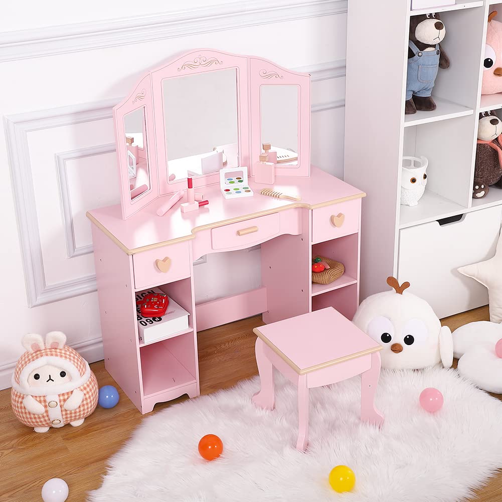 Pink Kids Vanity Set with Mirror & Stool for Ages 3-9 - Perfect for Playroom & Dress-Up