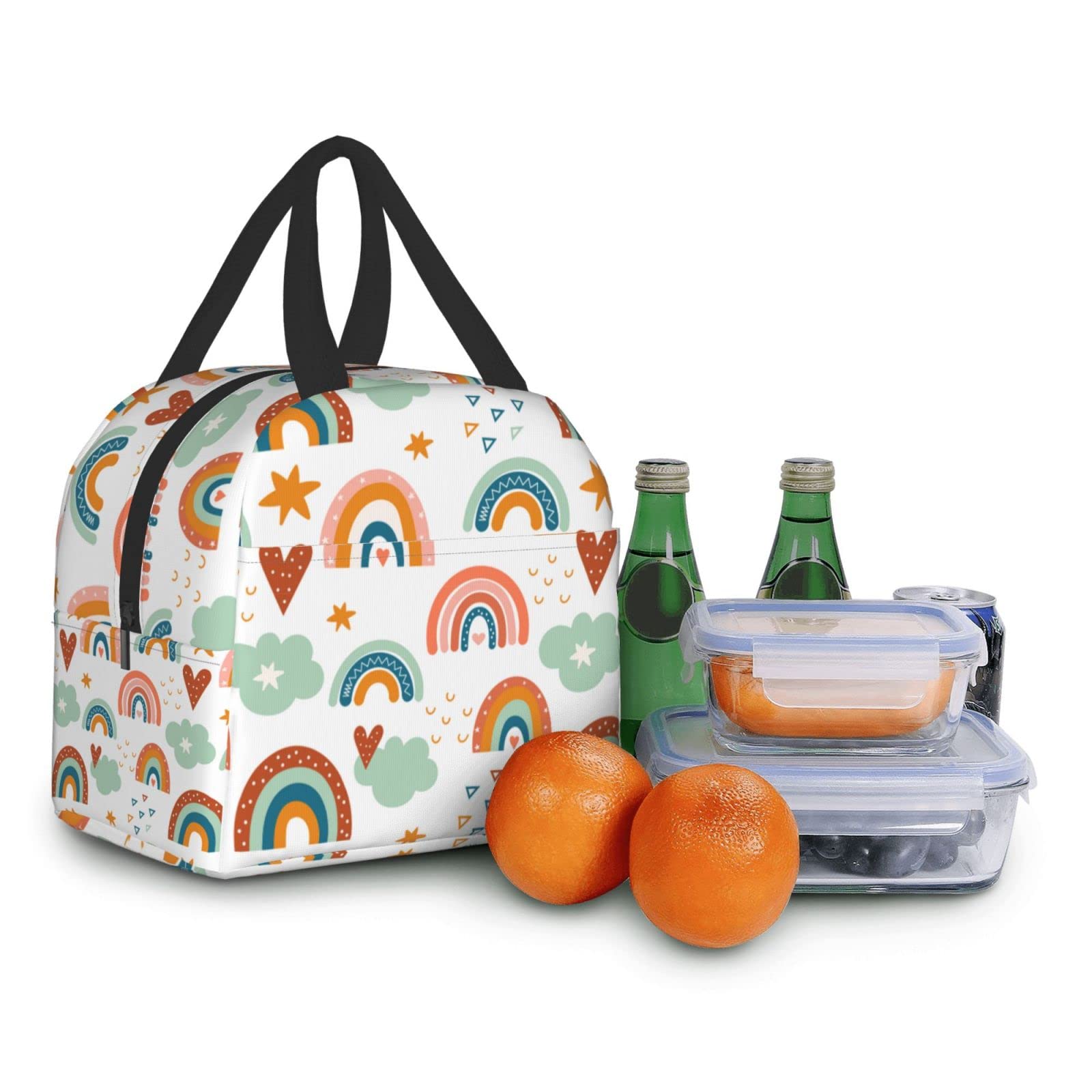 Boho Rainbows and Clouds Insulated Lunch Box - Reusable Thermal Lunch Bag for Women & Men - Perfect for Office, School, Camping, Hiking, Picnic, Beach & Travel - Eco-Friendly Food Container for Work & Outdoor Activities