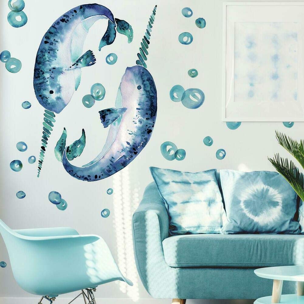 RoomMates RMK4667GM Catcoq Narwhal Giant Peel and Stick Wall Decals - Removable Wall Stickers for Kids Bedroom, Nursery, Playroom & Dorm Decor