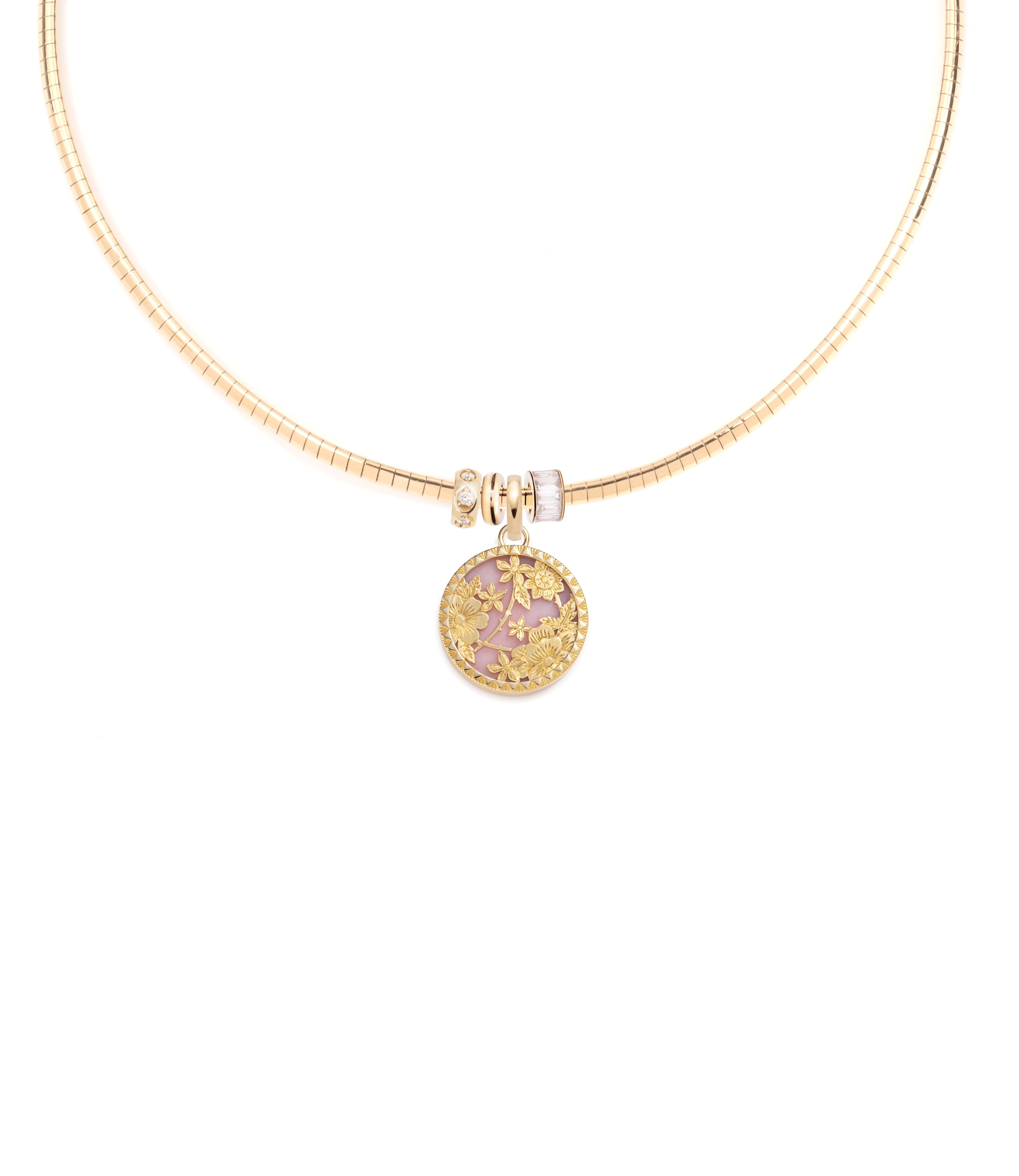 Elegant Floral Screen Resilience & Heart Beats Necklace - Yellow Gold & Pink Opal with Diamonds | Perfect for Weddings, Anniversaries & Special Occasions