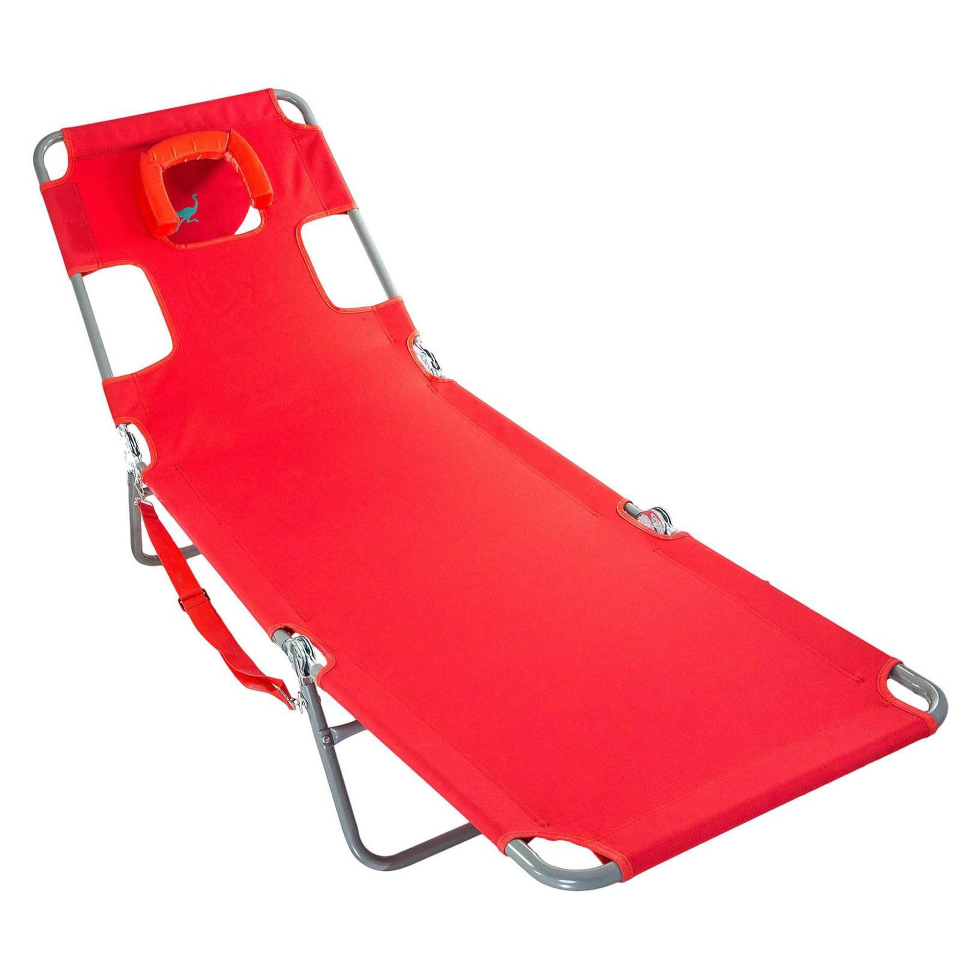 Ostrich Chaise Folding Steel Frame Beach Lounger - 5 Position Adjustable Reclining Outdoor Camping Lawn Chair with Portable Carry Strap - Perfect for Beach, Poolside, Backyard & Picnic (Red)