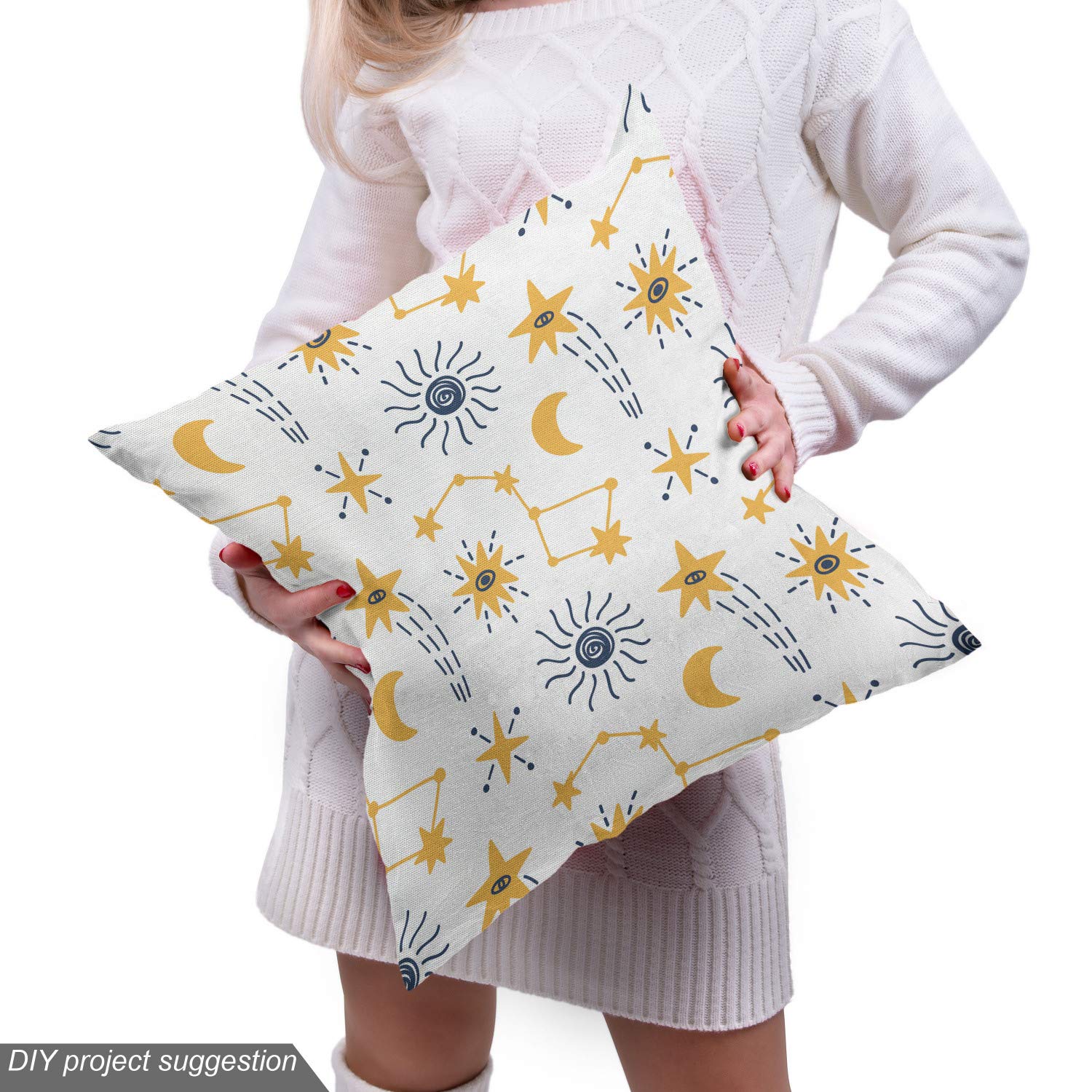 Ambesonne Cartoon Fabric by The Yard - Scandinavian Style Outer Space Print with Stars, Comets & Planets - Decorative Upholstery Fabric for Sofa, Curtains & Home Decor (10 Yards, Night Blue & Pale Orange) - Perfect for DIY Projects, Nursery Decor & Space-Themed Bedrooms