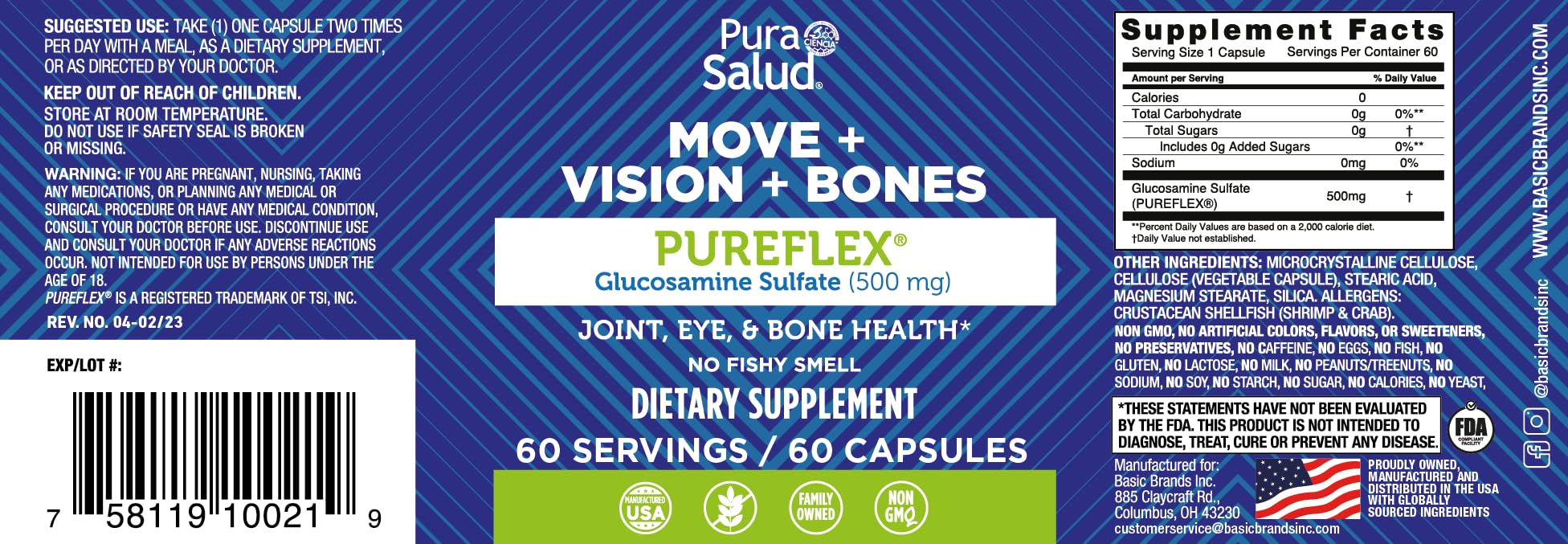 Pura Salud Pureflex Glucosamine Sulfate 500mg - 60 Tablets - Joint Support Supplement for Pain Relief & Mobility - Ideal for Athletes, Seniors & Active Lifestyles