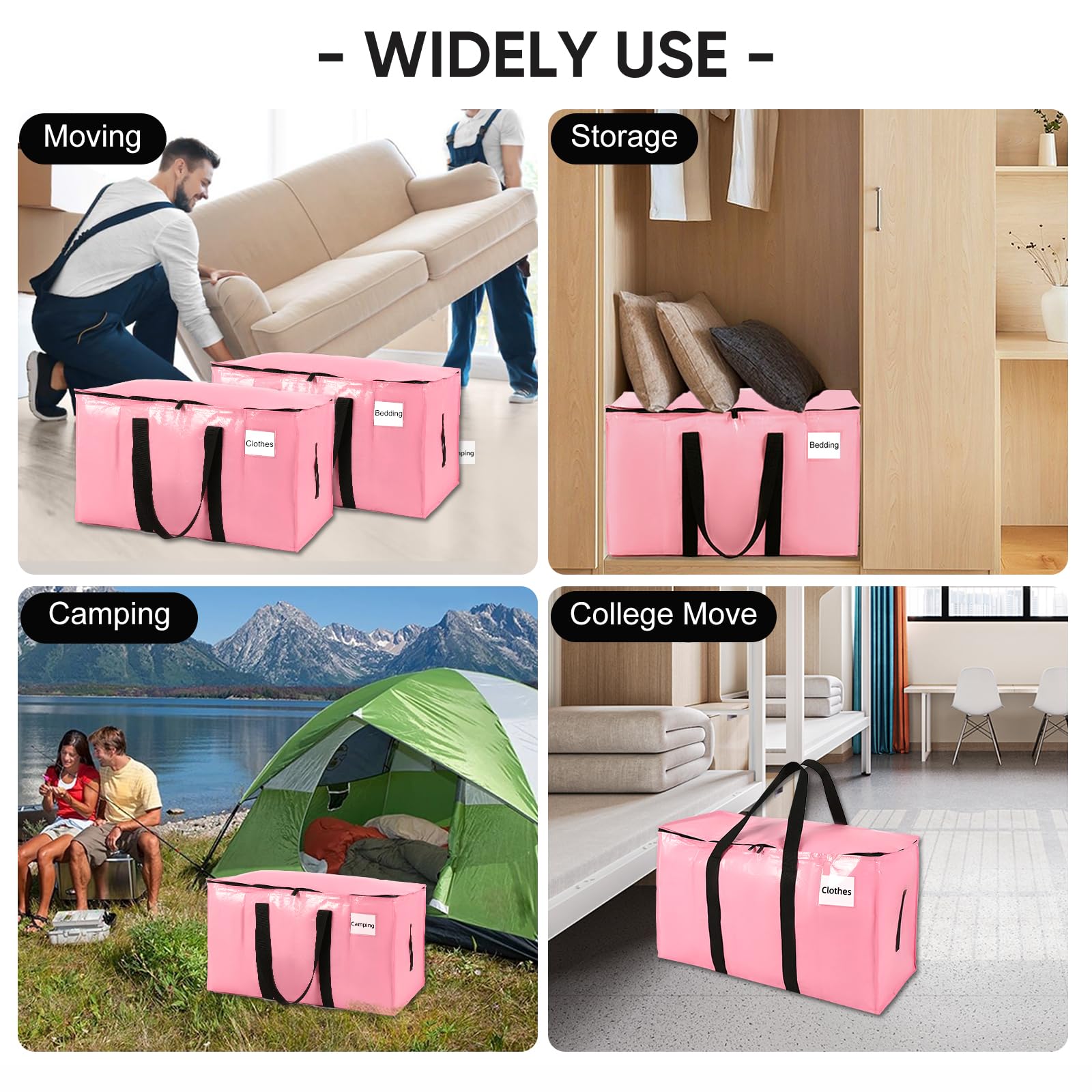 Heavy Duty Extra Large Moving Bags with Zippers & Handles - 180GSM Thick Material Waterproof Storage Totes (2 Pack, Pink) - Space Saving Reusable Packaging Bags for Moving, Storage & Travel Organization