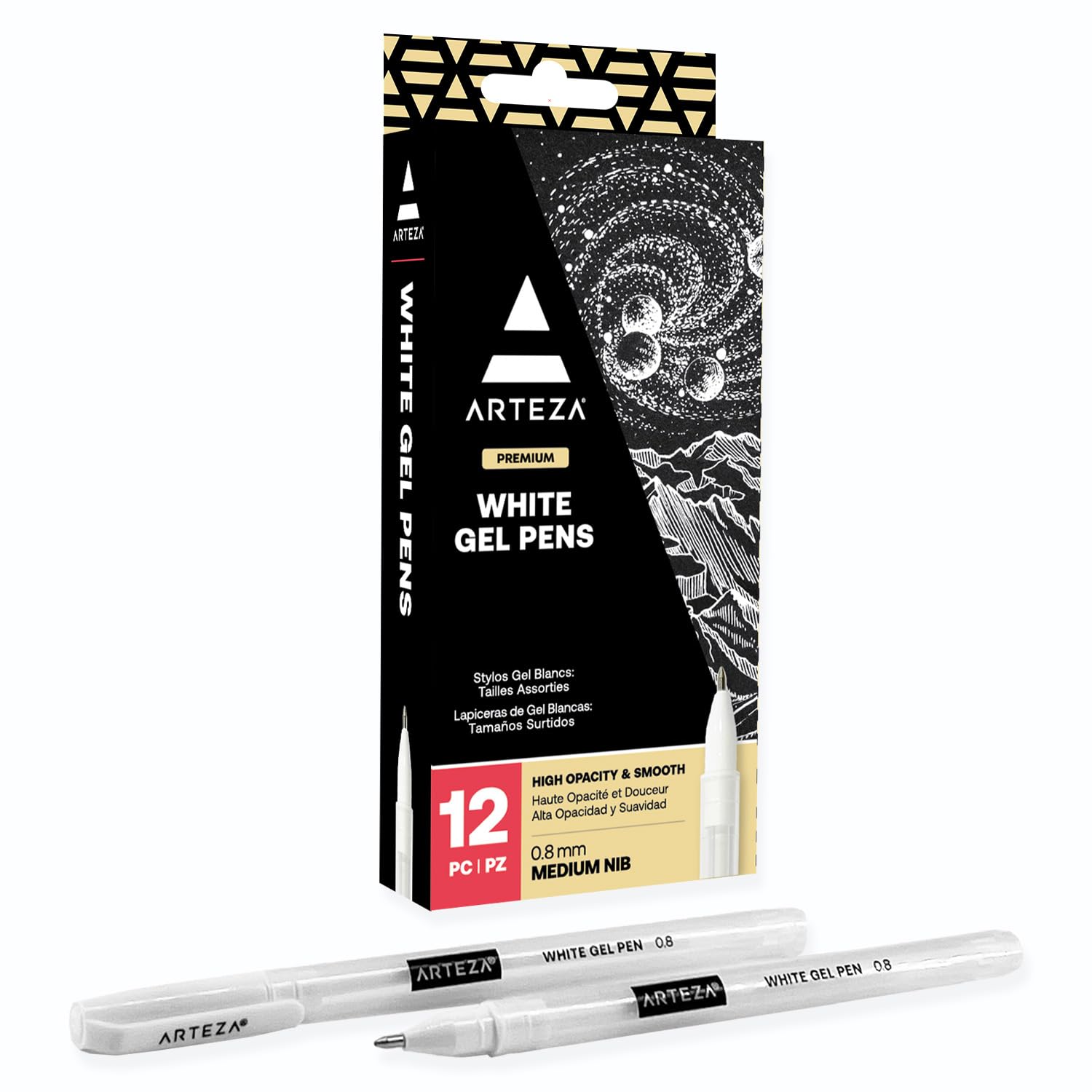 ARTEZA 12-Pack White Gel Pens Set - Premium White Rollerball Pens for Drawing, Writing & Art Projects - Perfect for Artists, Scrapbooking, Bullet Journaling & DIY Crafts