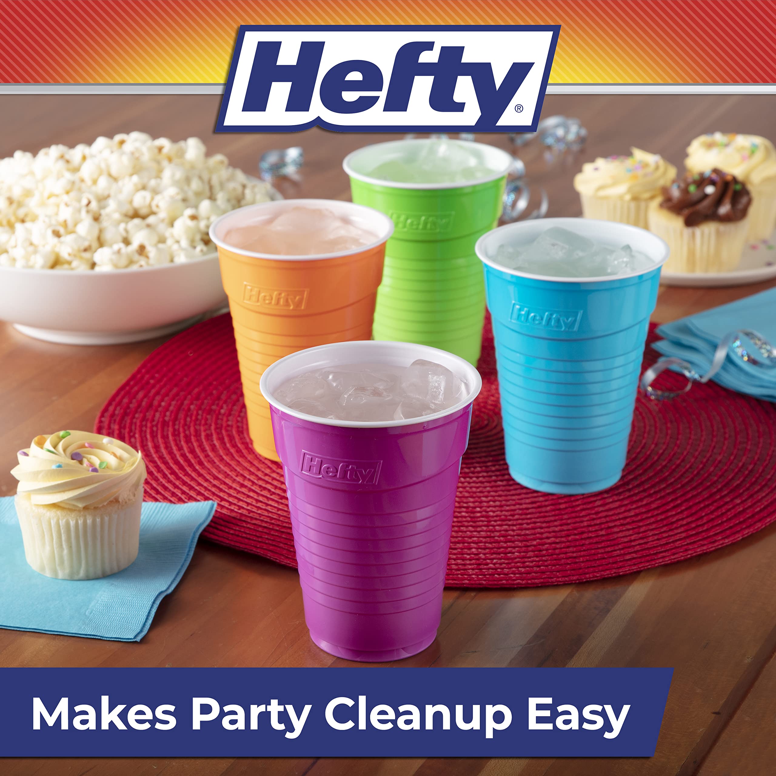 Hefty Party On Multicolor Disposable Plastic Cups - 16oz (100 Count) | Orange, Purple, Blue & Green | Easy-Grip Design for Parties, BBQs & Outdoor Events