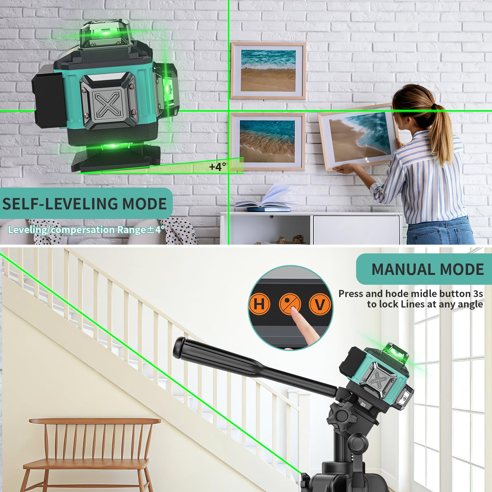 16-Line Self-Leveling Laser Level with 4x360° 4D Green Cross Line - Rechargeable Batteries, Dimmable Brightness & Remote Control - Perfect for Construction, Renovation, and DIY Projects
