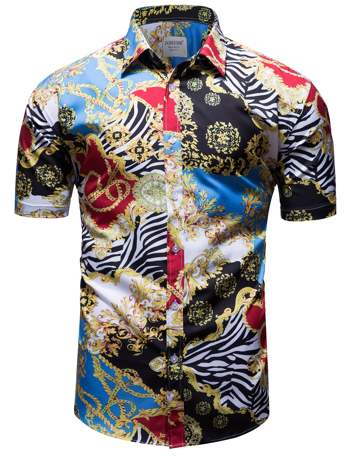 Luxury Men's Black & Gold Baroque Chain Print Short Sleeve Dress Shirt - Formal & Casual Button Down Shirt for Office, Party & Special Occasions