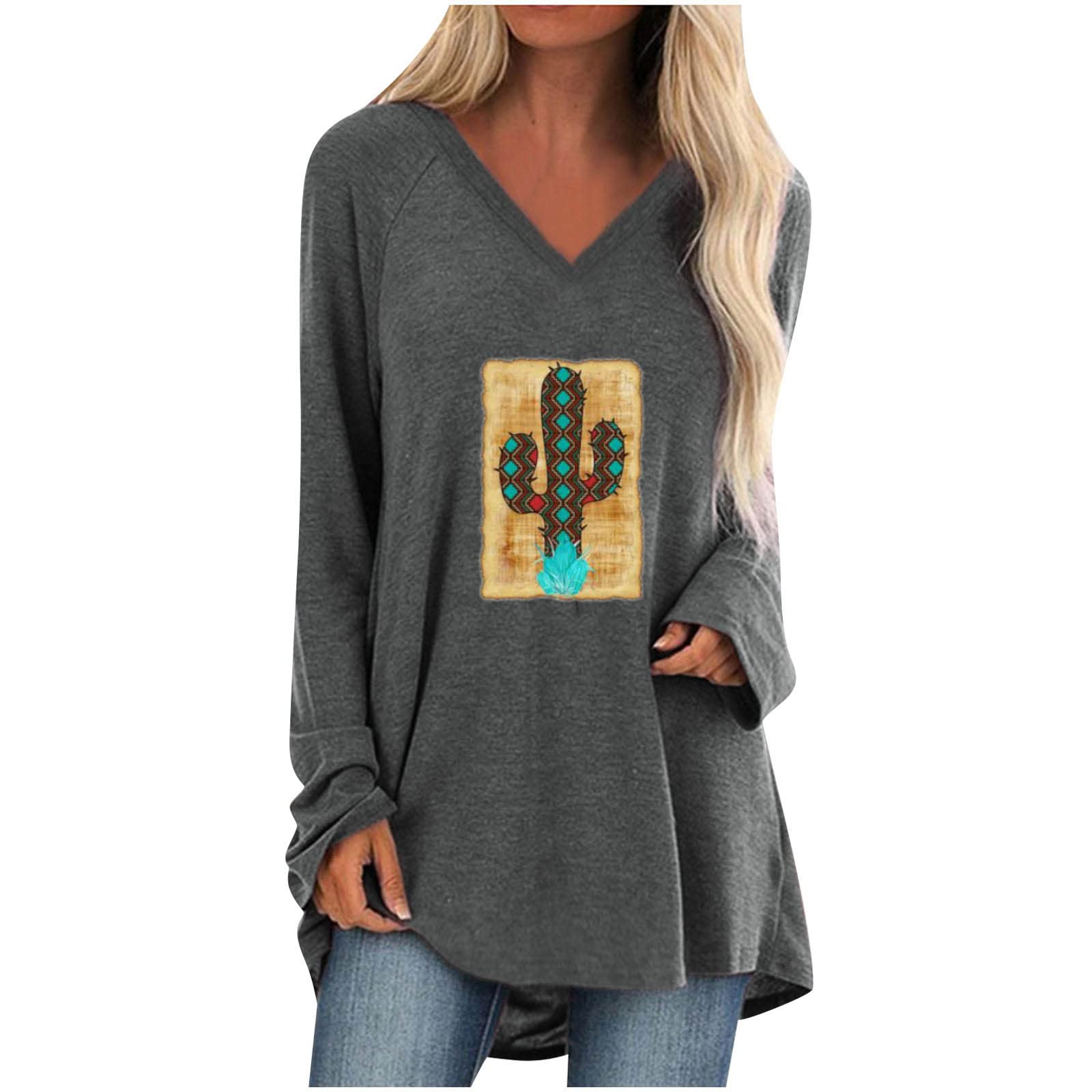 Vintage Women's Long Sleeve V-Neck Sweatshirt - Oversized Flared Sleeve Tunic Top with Novelty Graphics | Casual Loungewear for Women | Perfect for Fall Layering, Weekend Errands & Cozy Home Wear