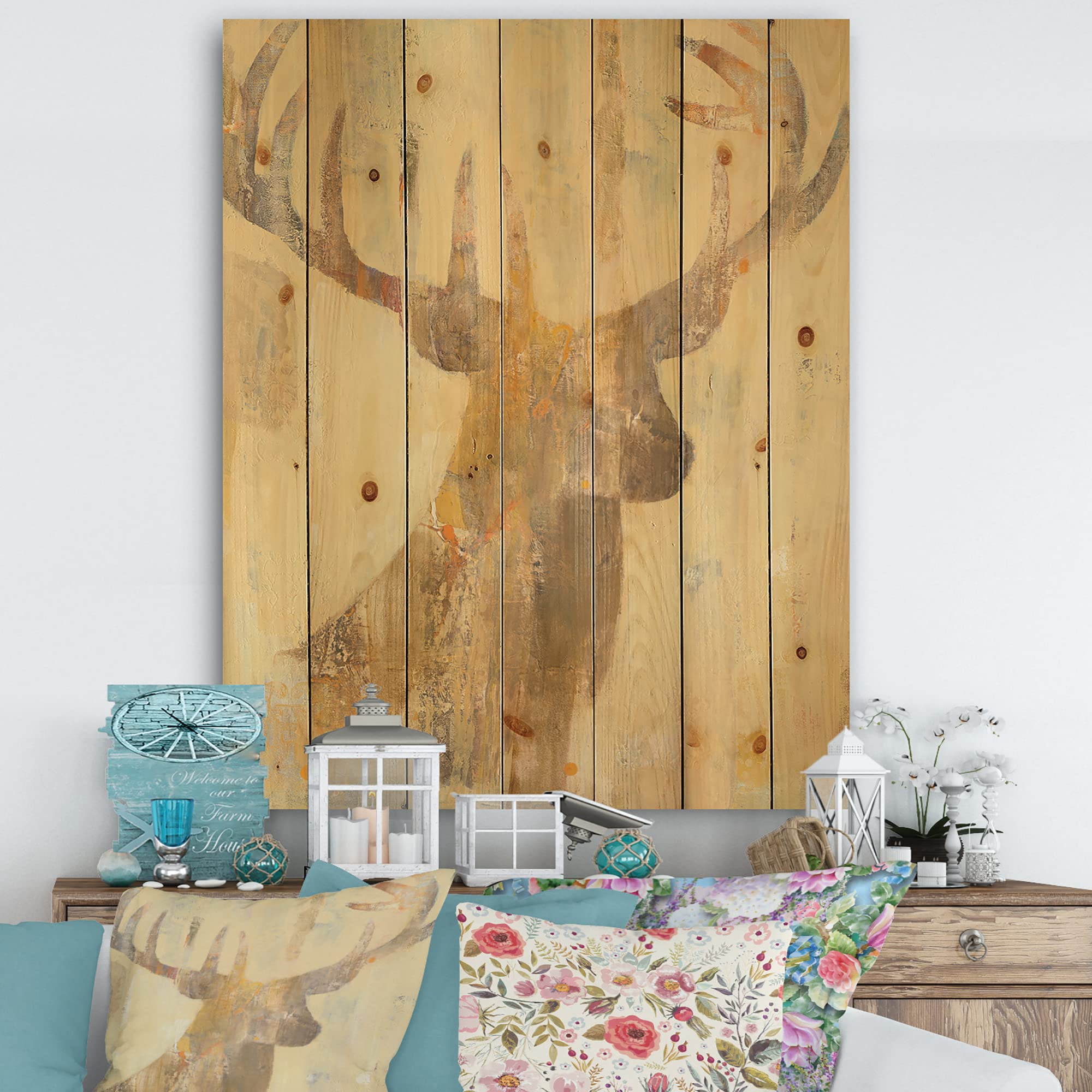 Farmhouse Wood Wall Decor - Golden Deer Wall Art, Large Animal Wood Panels Printed on Natural Pine Wood - Perfect for Living Room, Bedroom & Rustic Home Decor