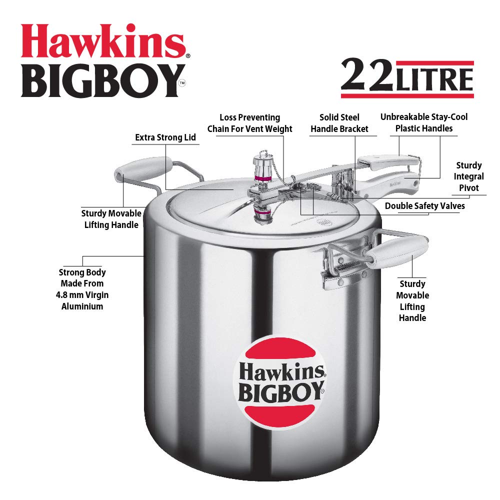 Hawkins Bigboy 22 Liters Aluminum Pressure Cooker - Fast & Safe Cooking for Large Families, Camping & Meal Prep