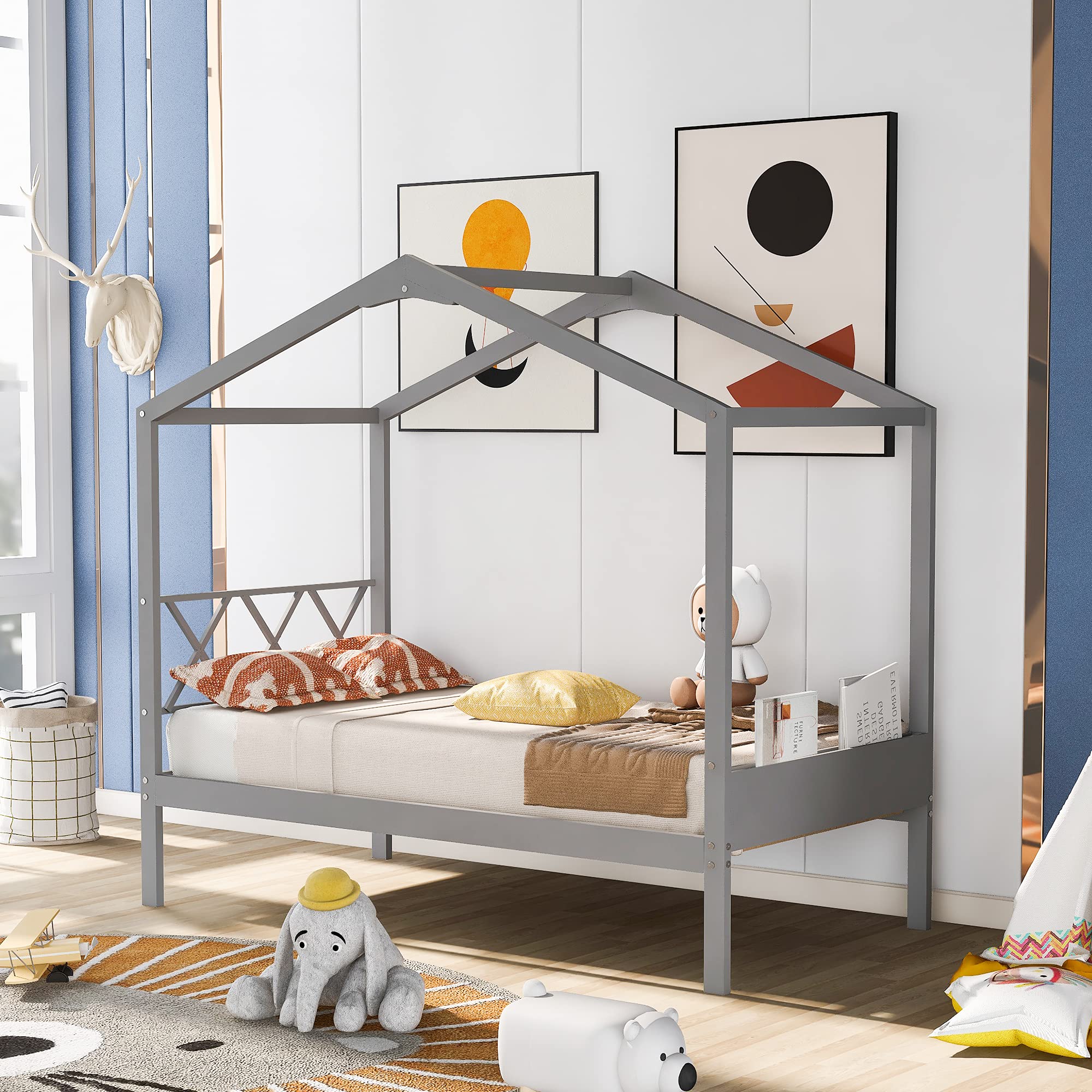 Twin Size Wood House Bed with Storage - Solid Wood Platform Bed for Kids' Room - Easy Assemble (Gray)