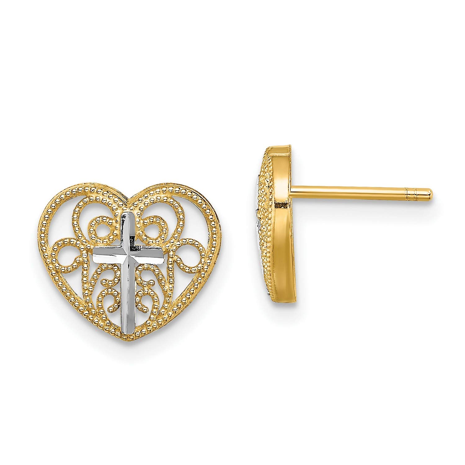 14K Yellow Two-Tone Gold Filigree Cross Heart Post Earrings for Women - Elegant Religious Jewelry Gift for Christmas, Baptism, or Everyday Wear