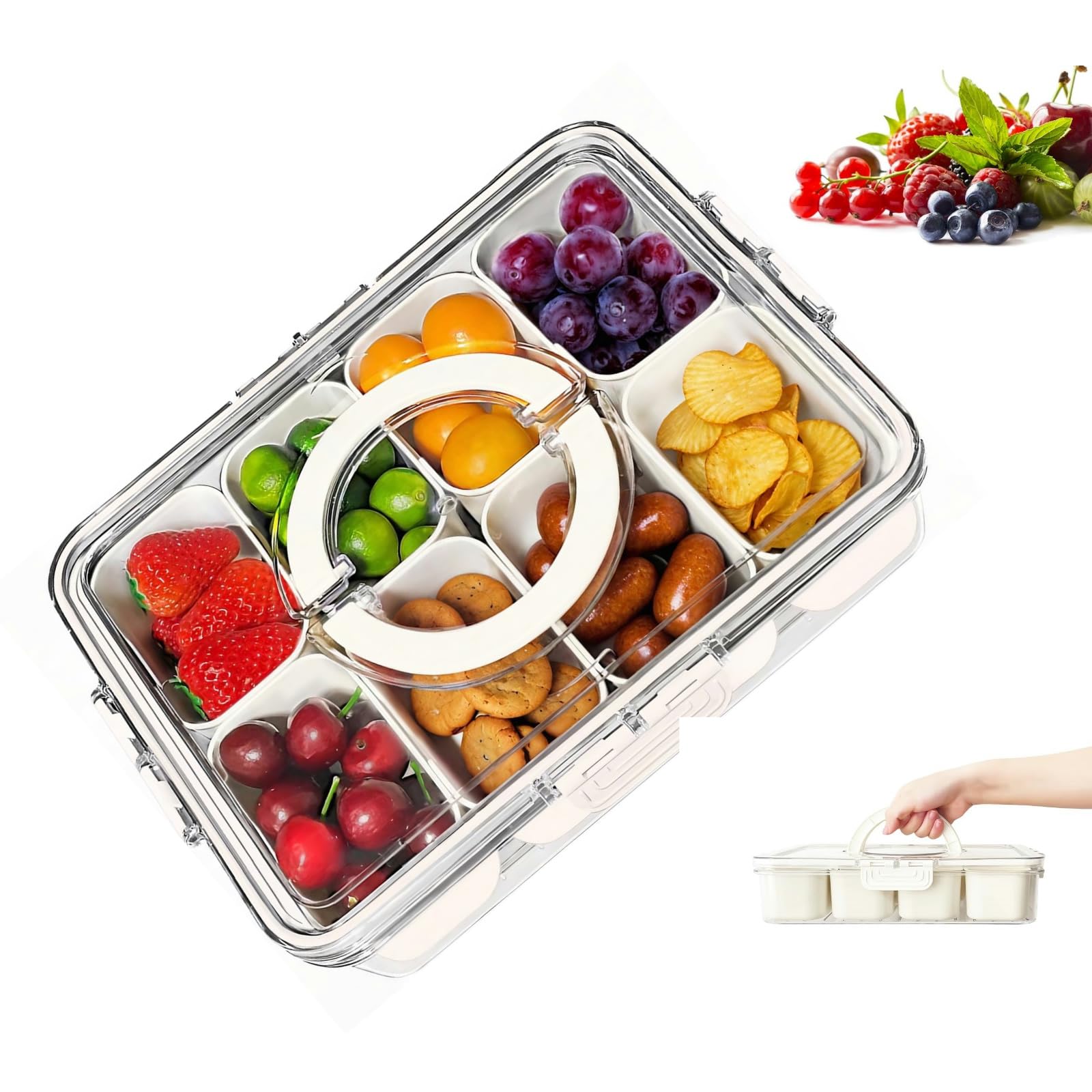 Portable Divided Snackle Box Container with Lid & Handle - 3-Compartment Serving Tray for Fruits, Candy, Treats | Perfect for Picnics, Parties, Road Trips & Office Snacks