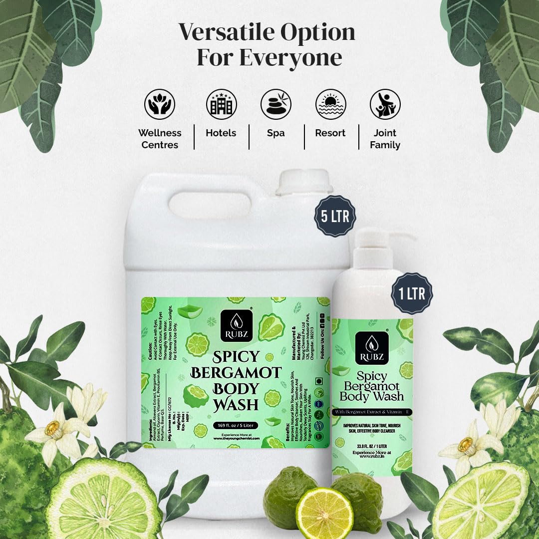 Rubz Spicy Bergamot Body Wash - Glycerin Enriched, Long-Lasting Fragrance | Soap-Free, Paraben-Free & SLS-Free Shower Gel for Women & Men (1L) | Perfect for Daily Use, Sensitive Skin & Aromatherapy Relaxation