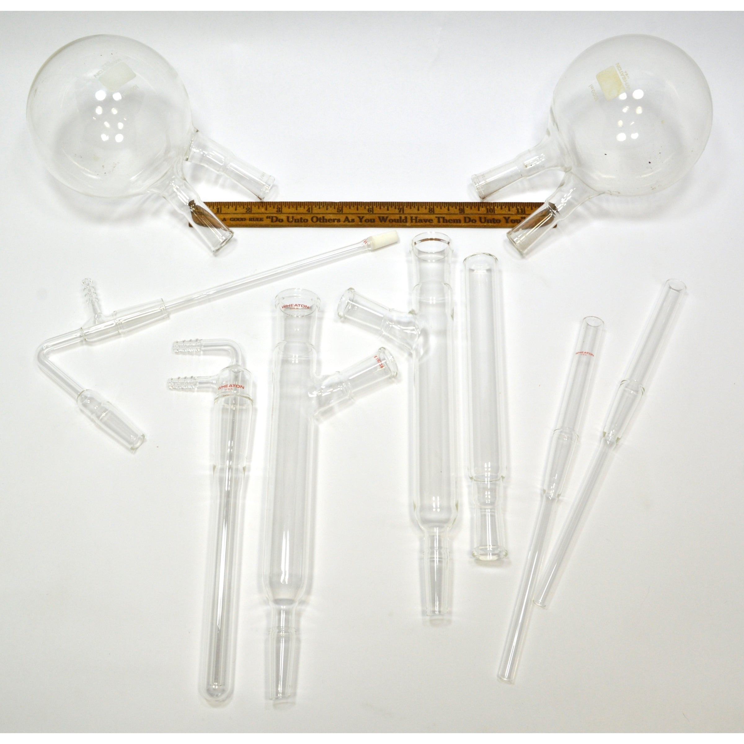 Premium Glass Lab Equipment Set - Lot of 9 Wheaton Chemistry 2-Neck Flasks with Adapters for Scientific Experiments & Laboratory Use