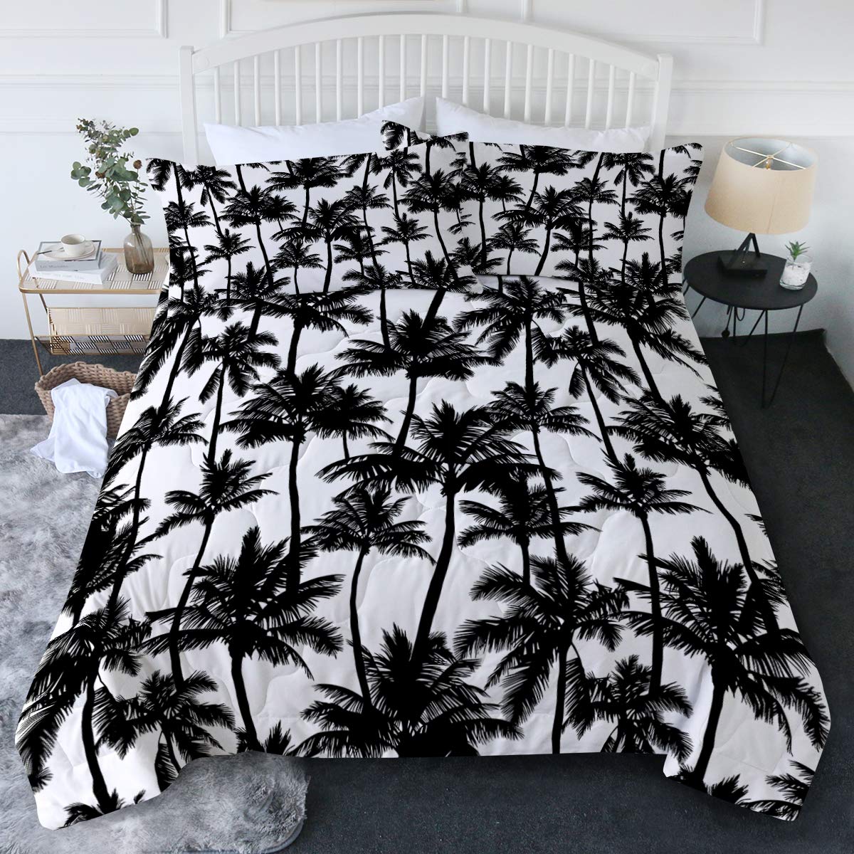 BlessLiving 3D Printed Tropical Palm Trees Comforter Set - King Size Black & White Bedding with 2 Pillow Shams | Beach Theme Bedroom Decor for Summer & Vacation Homes
