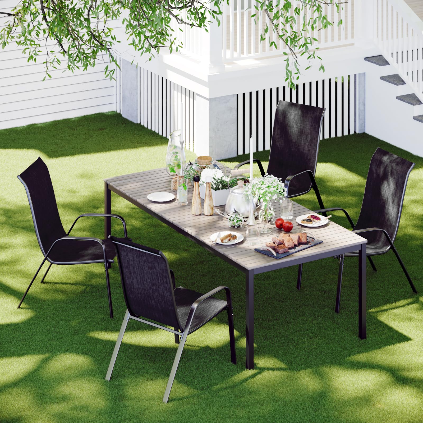 Arlopu 4-Piece Stackable Patio Chairs Set - All-Weather Outdoor Dining Chairs with Armrests & Breathable Fabric - Perfect for Poolside, Backyard, Porch, Garden & Deck (Black) | Durable & Comfortable for BBQs, Parties & Relaxing Outdoors