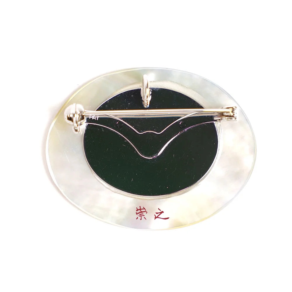 Handcrafted Japanese Maki-e Urushi Lacquer Brooch with White South Sea Pearl Shell - Geometric Hemp Leaf Design - Traditional Artisan Jewelry for Women - Perfect for Weddings, Tea Ceremonies & Special Occasions