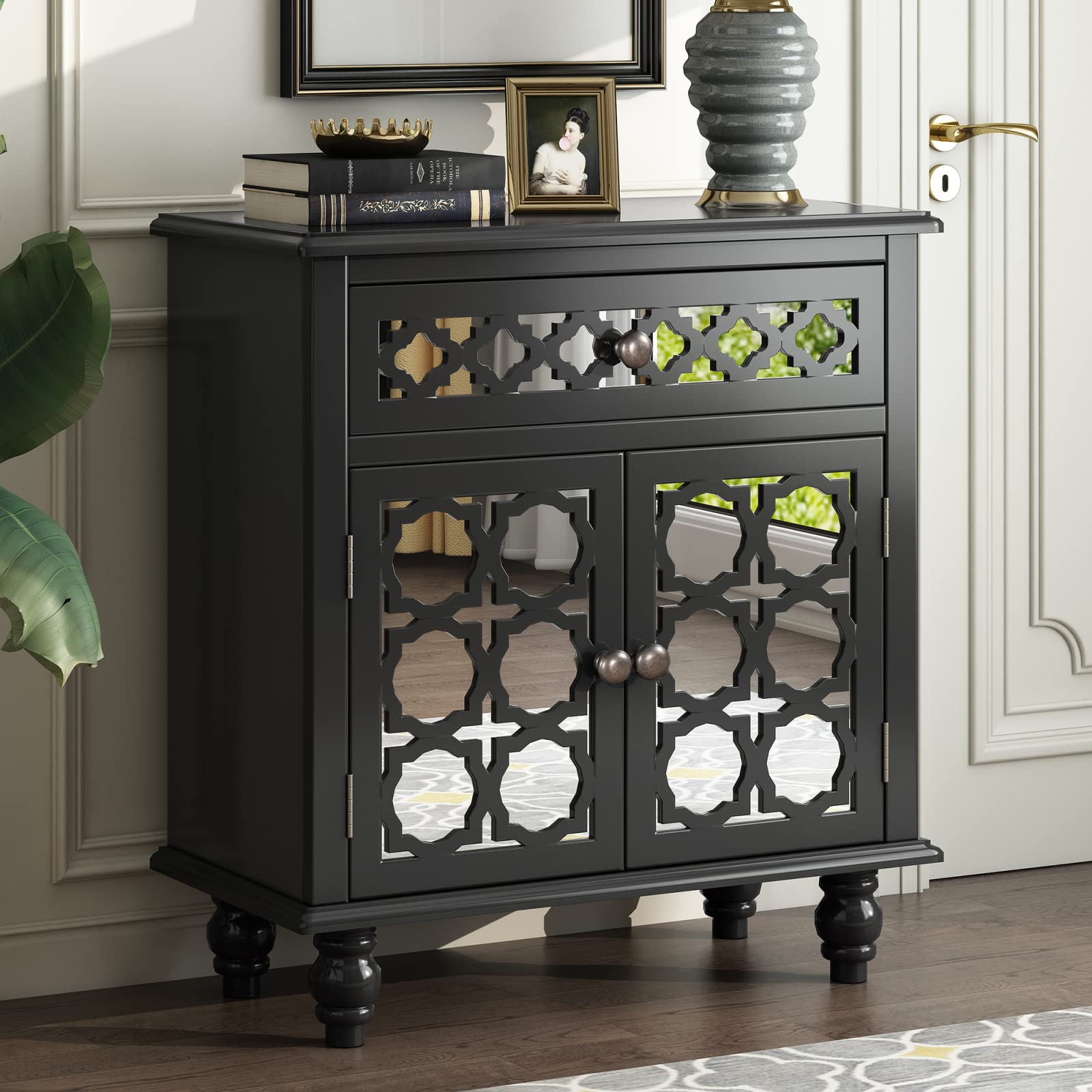 Modern Buffet Cabinet with Storage - Accent Cabinet with Decorative Mirror Doors & Large Drawers - Entryway Console Table with Gourd Legs - Stylish Sideboard for Hallway, Kitchen, Living Room (Black) - Perfect for Dining Room Storage & Home Decor Display