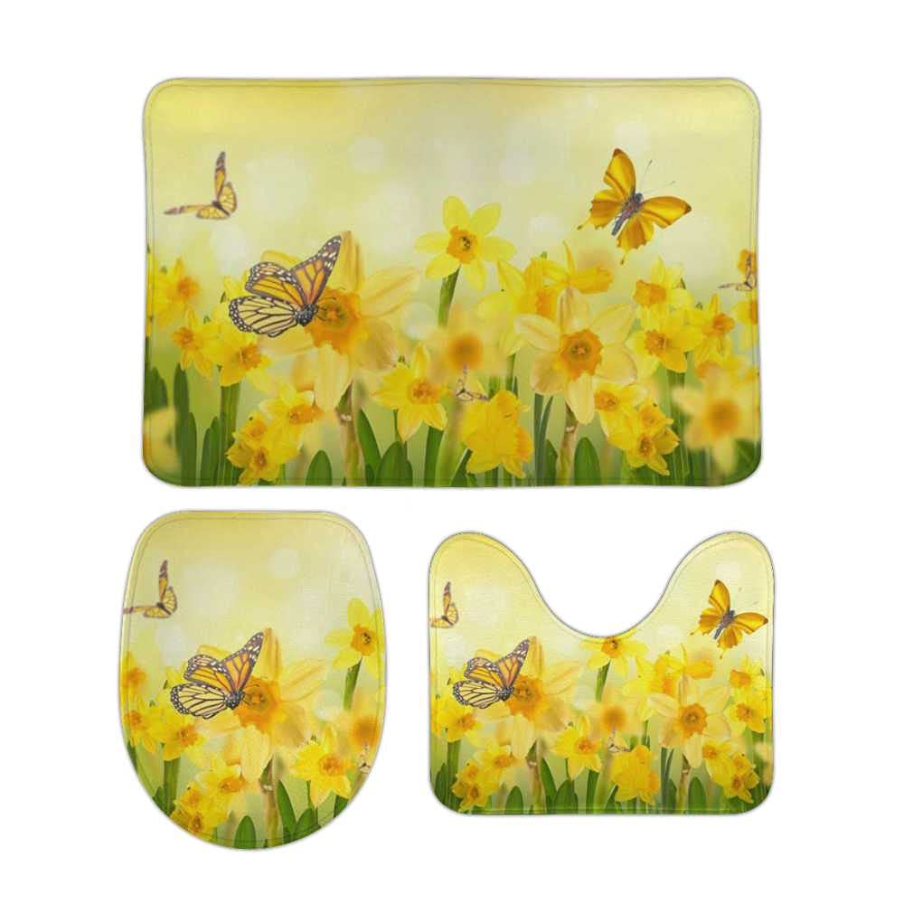 Hapuxt 3-Piece Bath Rug Set - Summer Yellow Flower Butterfly Design, Anti-Slip Absorbent Bath Mats, Toilet Lid Cover & U-Shaped Contour Rug - Machine Washable - Perfect for Bathroom Decor and Home Comfort
