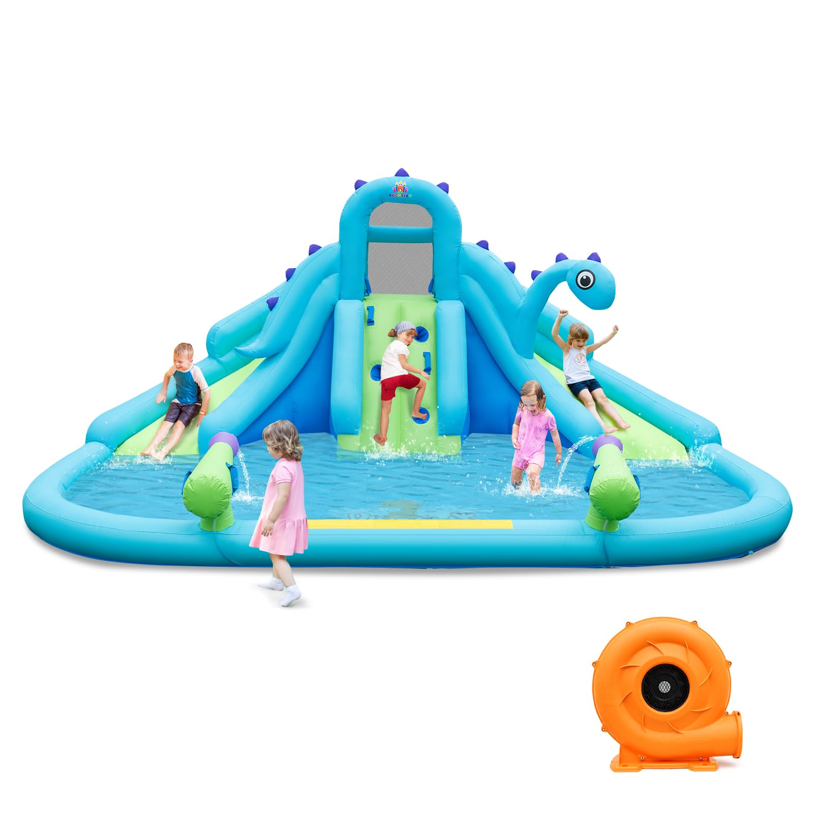 Dinosaur Inflatable Water Slide for Kids - BOUNTECH Mega Waterslide Park with Dual Racing Slides, Climbing Wall & Blower | Outdoor Backyard Water Play for Summer Parties, Birthday Gifts & Family Fun