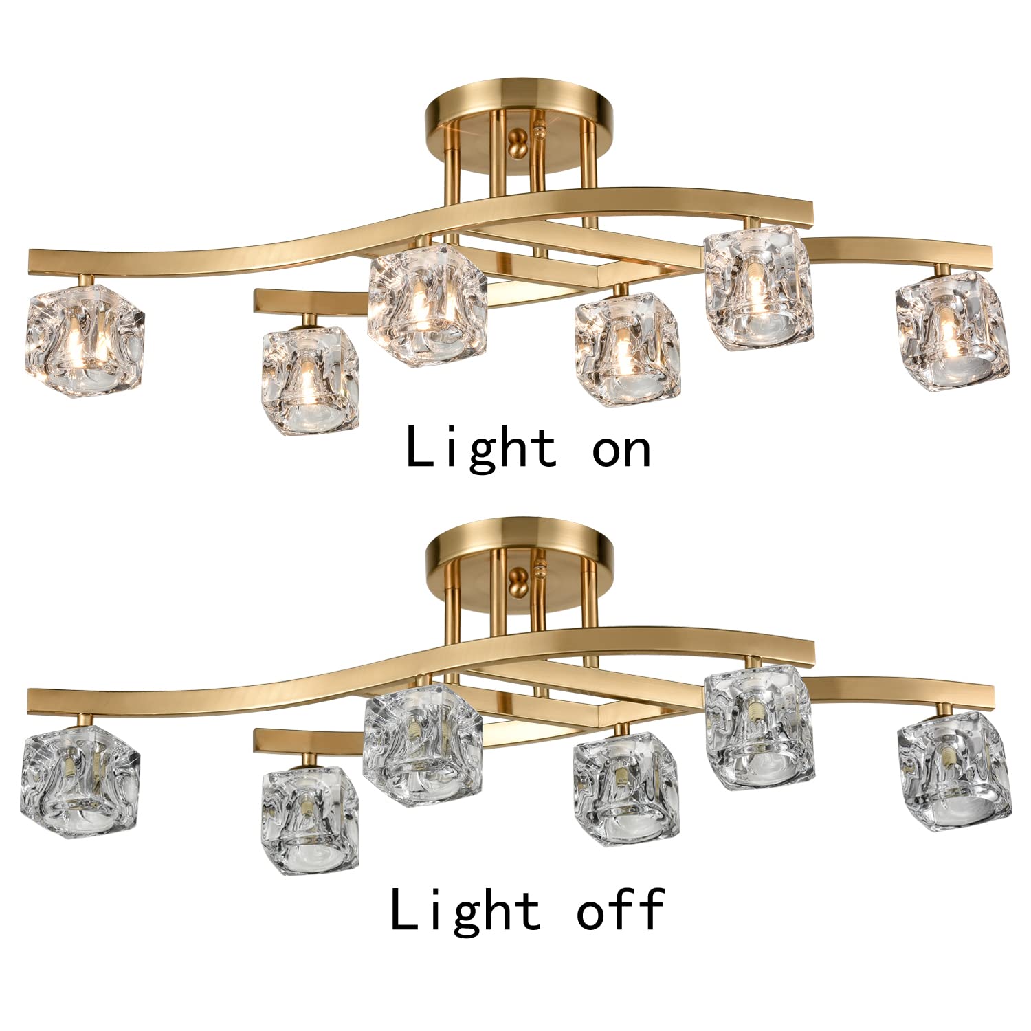 Modern Crystal Ceiling Light Fixture - Gold Chandelier with Glass Ice Cube Design, 6-Light Dining Room Lighting for Home Decor | Perfect for Living Room, Bedroom & Entryway