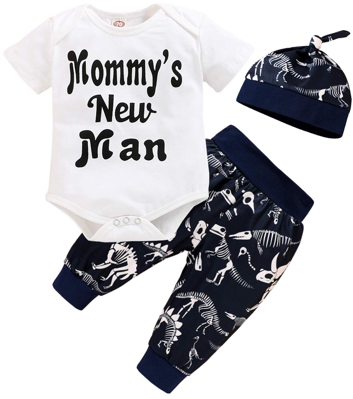 Happy Town 3-Piece Baby Boy Clothes Set - Soft Cotton Newborn Bodysuit, Short Sleeve Romper & Pants with Matching Hat (Blue Dinosaur Print, 0-3 Months) - Perfect for Summer Outings, Photo Shoots & Daily Wear