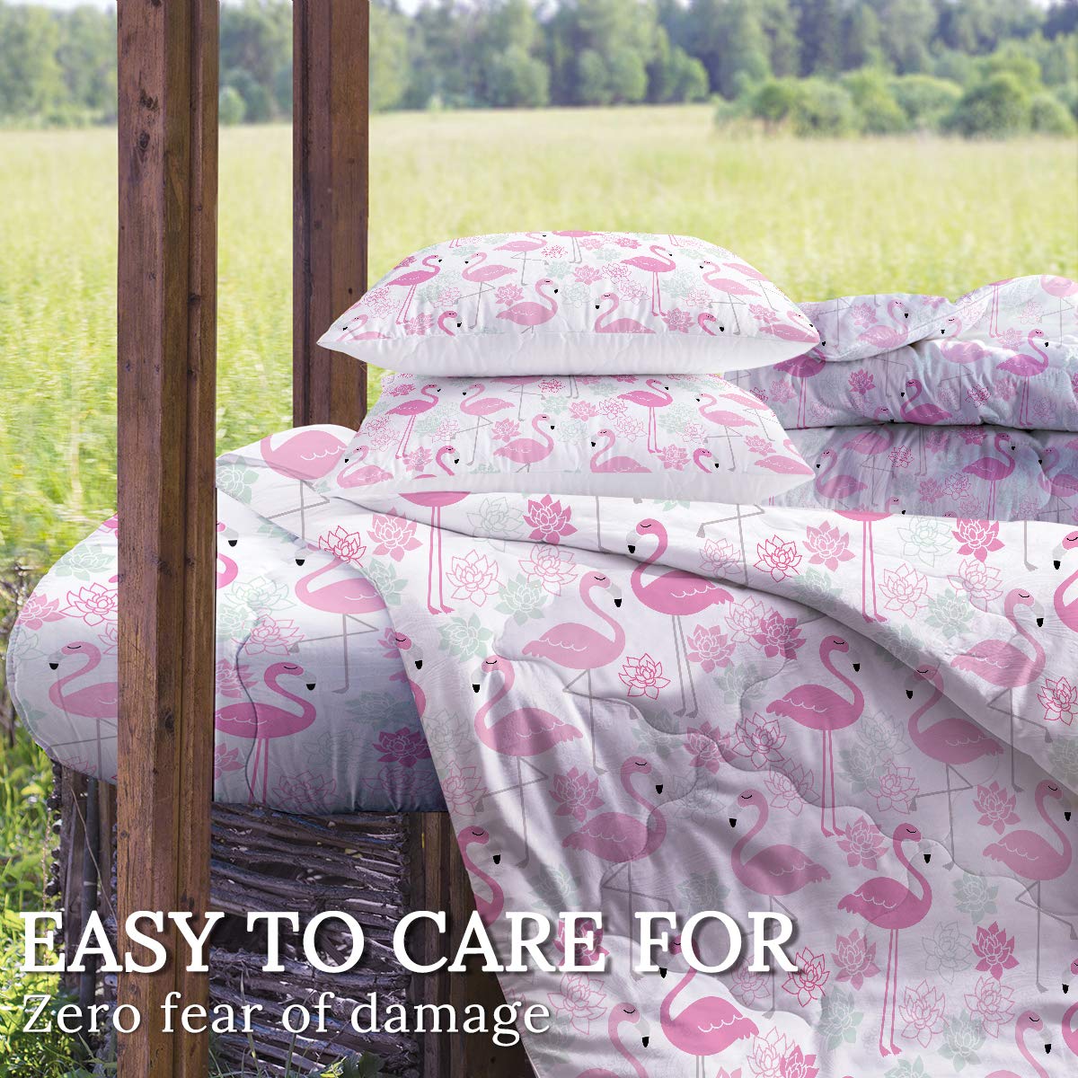 Luxury Pastel Pink Flamingo Queen Size Comforter Set - 4 Piece Soft All Season Bedding with Lotus Flower Design (1 Comforter, 2 Pillow Shams, 1 Throw Pillow Cover) - Perfect for Master Bedroom, Guest Room & Tropical Themed Decor