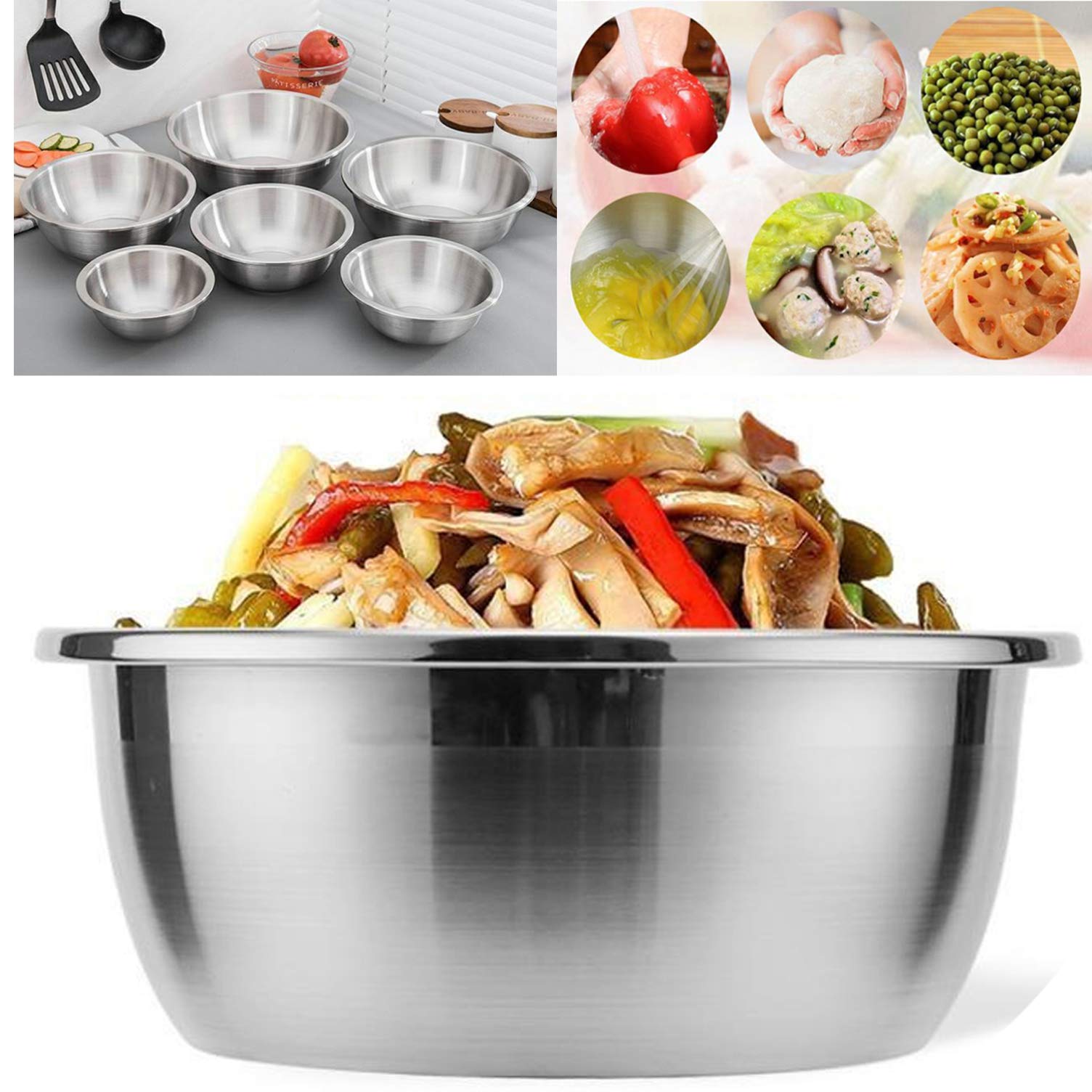 Hemoton 6-Piece Stainless Steel Mixing Bowl Set - Nesting Soup Pots & Food Storage Containers for Cooking, Baking, Meal Prep & Kitchen Organization