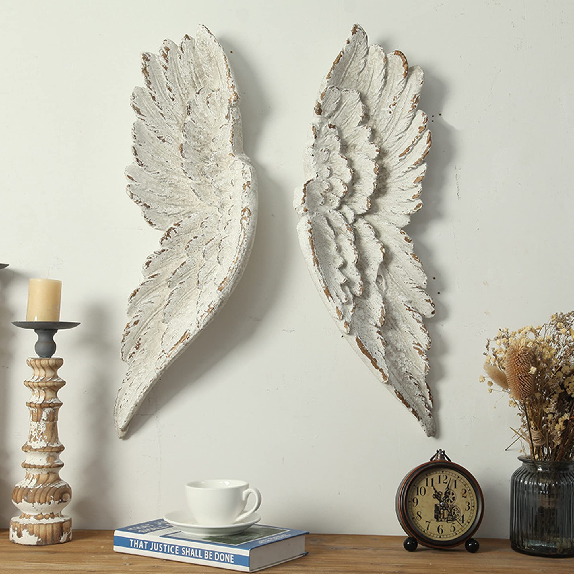 Vintage Style Angel Wings Wall Decor - 2 Piece Set Handcrafted Bas Relief Sculptures for Living Room, Bedroom | Home & Wedding Decor, Gift Idea, Photo Backdrop
