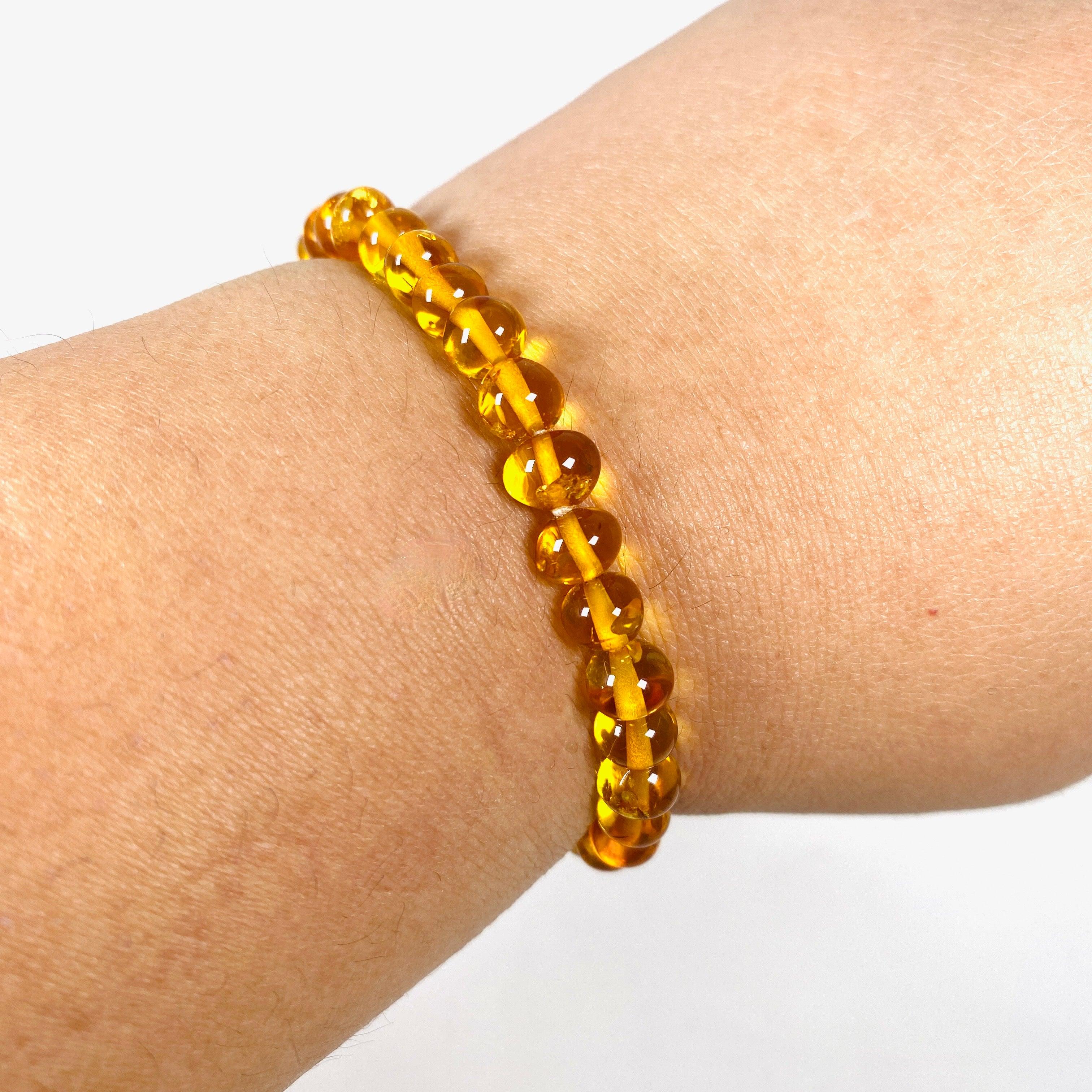 5mm Round Baltic Amber Honey Beaded Bracelet AMB193 - Natural Healing Jewelry for Stress Relief & Teething Pain