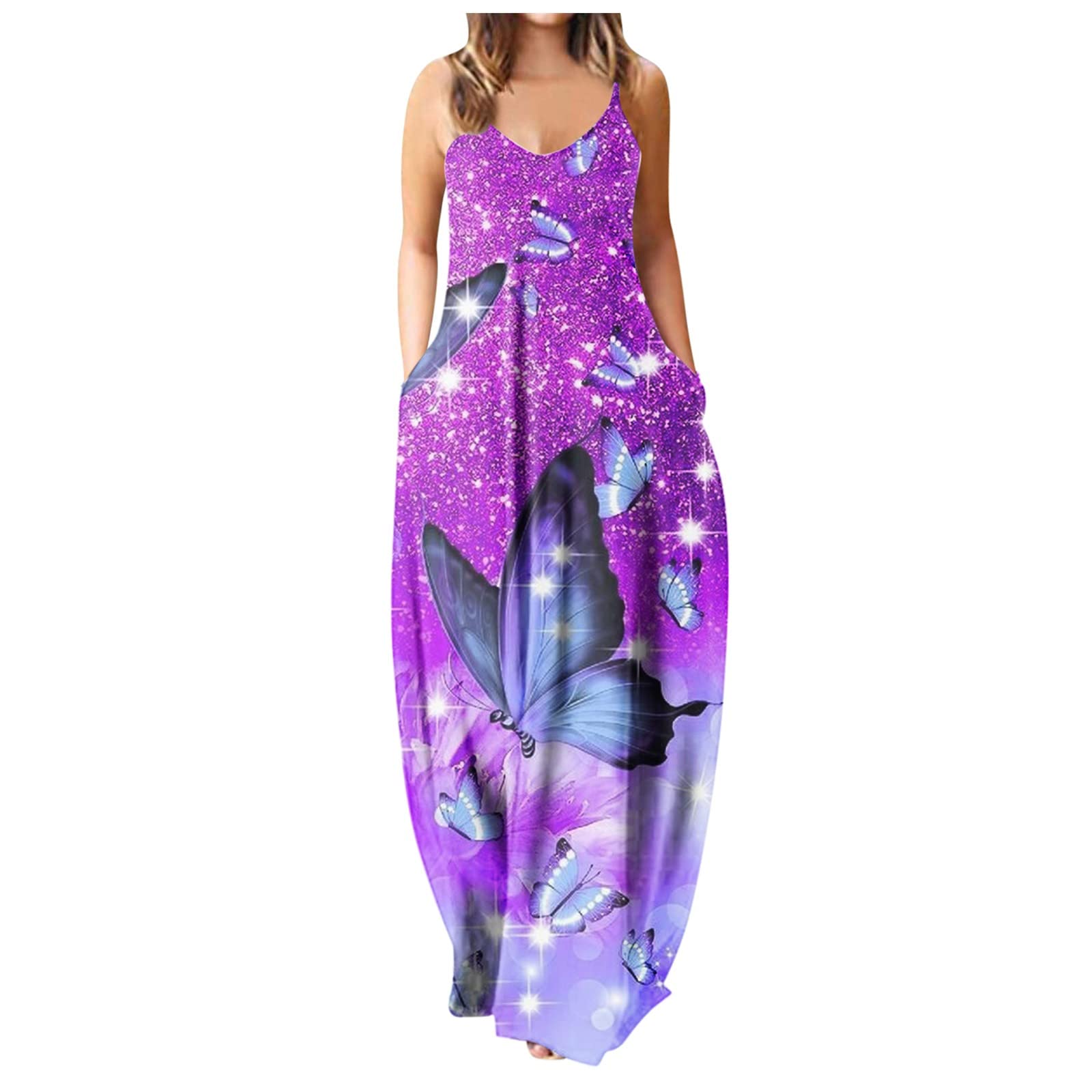 Elegant Women's V-Neck Sleeveless Butterfly Print Tank Dress - Stretchy Waist Summer Beach Party & Evening Wear - Plus Size Flowy Maxi Dress for Casual Outings & Special Occasions
