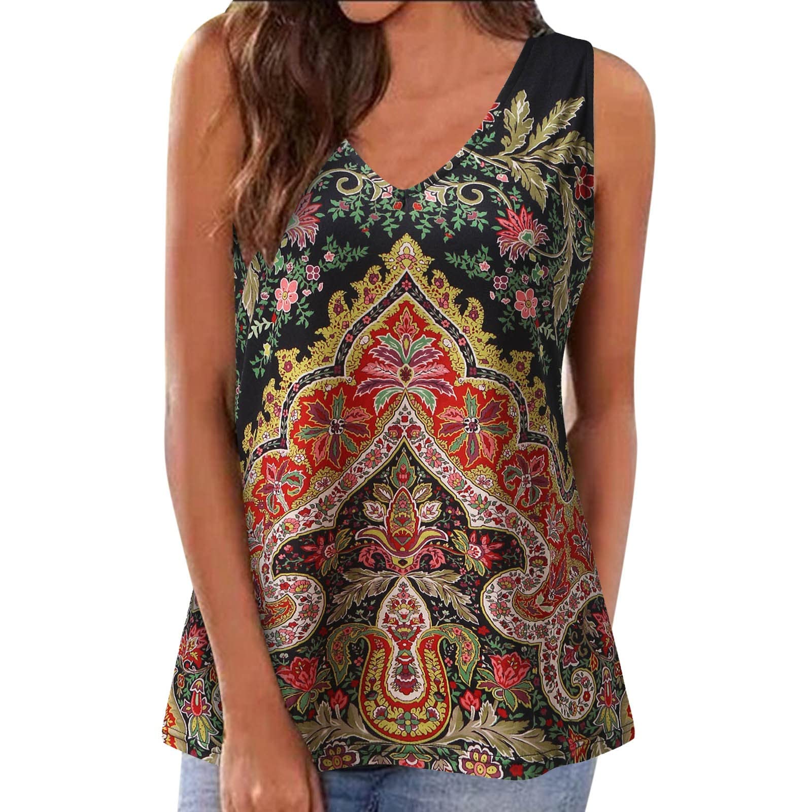 Women's Sleeveless Boho Print V-Neck Vest Top - Casual Summer Blouse for Beach, Travel & Daily Wear (Black)