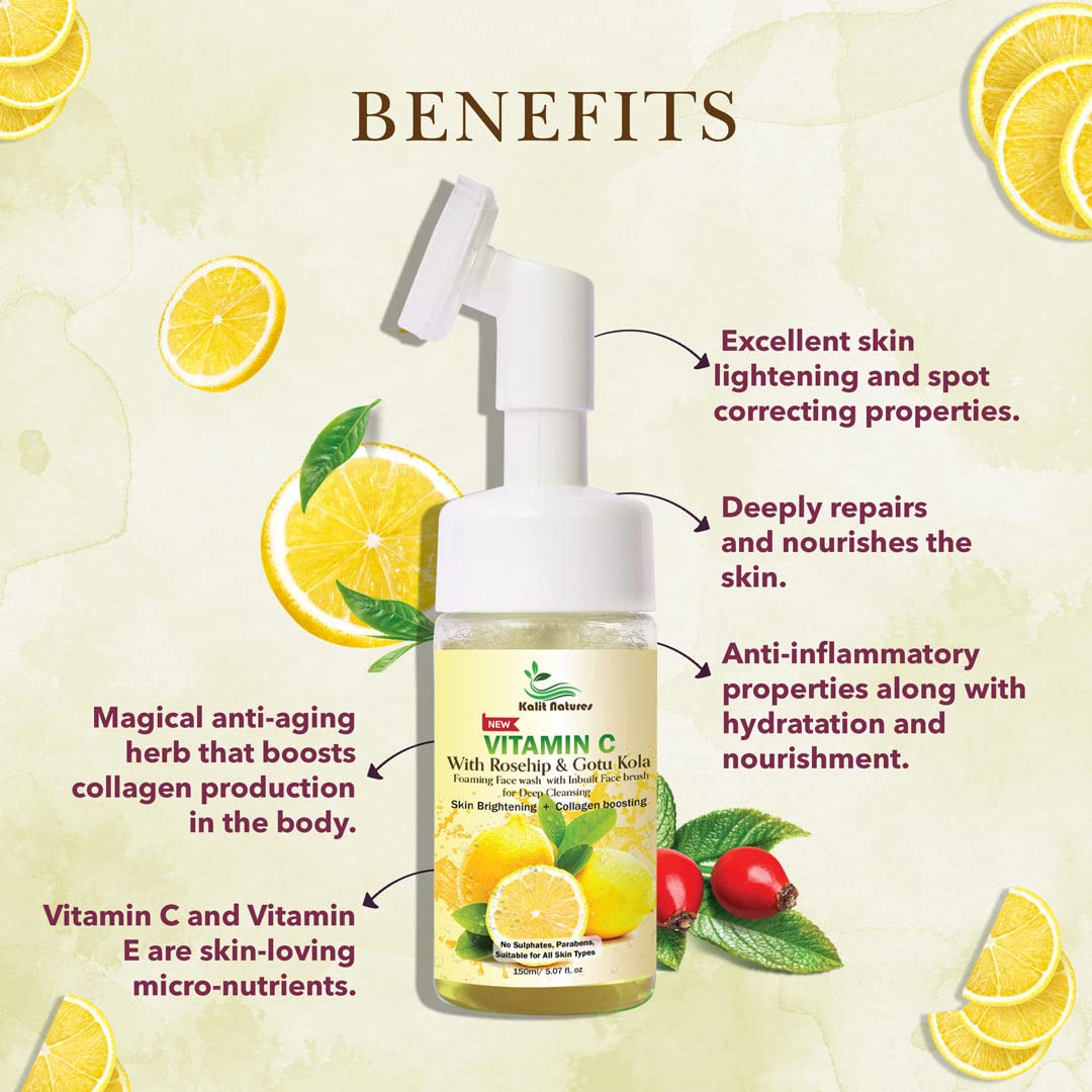 Kalit Natures Vitamin C Foaming Face Wash with Rosehip & Gotu Kola - Skin Brightening & Collagen Boosting Cleanser (150ml) for Glowing Complexion | Perfect for Daily Skincare Routine & Anti-Aging Regimen