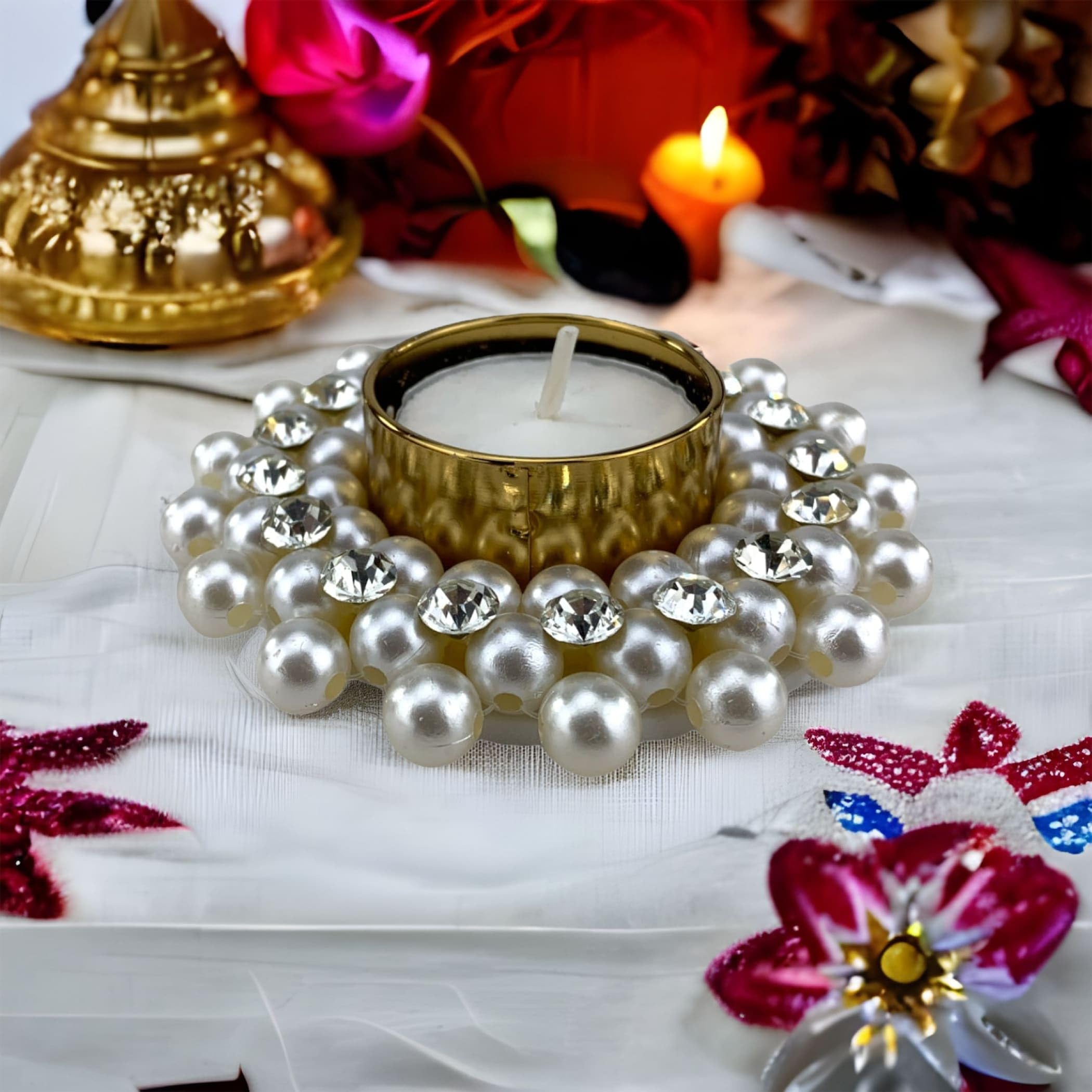 LOVENSPIRE Pearl Tealight Candle Holder - Elegant Decorative T-Light for Diwali, Thanksgiving, Hanukkah - Perfect for Centerpiece, Dining Table, Home Decor - Ideal for Festivals, Romantic Dinners & Holiday Celebrations