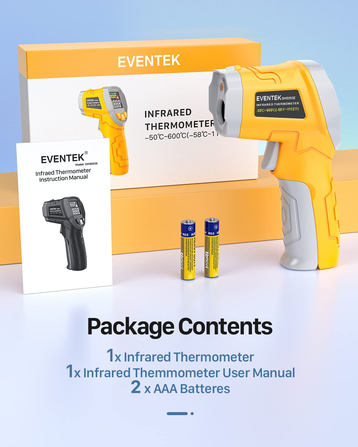 Eventek Digital Infrared Thermometer - Non-Contact Laser Temperature Gun with Color Display (-58°F to 1112°F / -50°C to 600°C), Adjustable Emissivity for Cooking, BBQ, Pizza Oven, Engine, HVAC, Industrial Use - Perfect for Kitchen, Automotive, and Home Maintenance