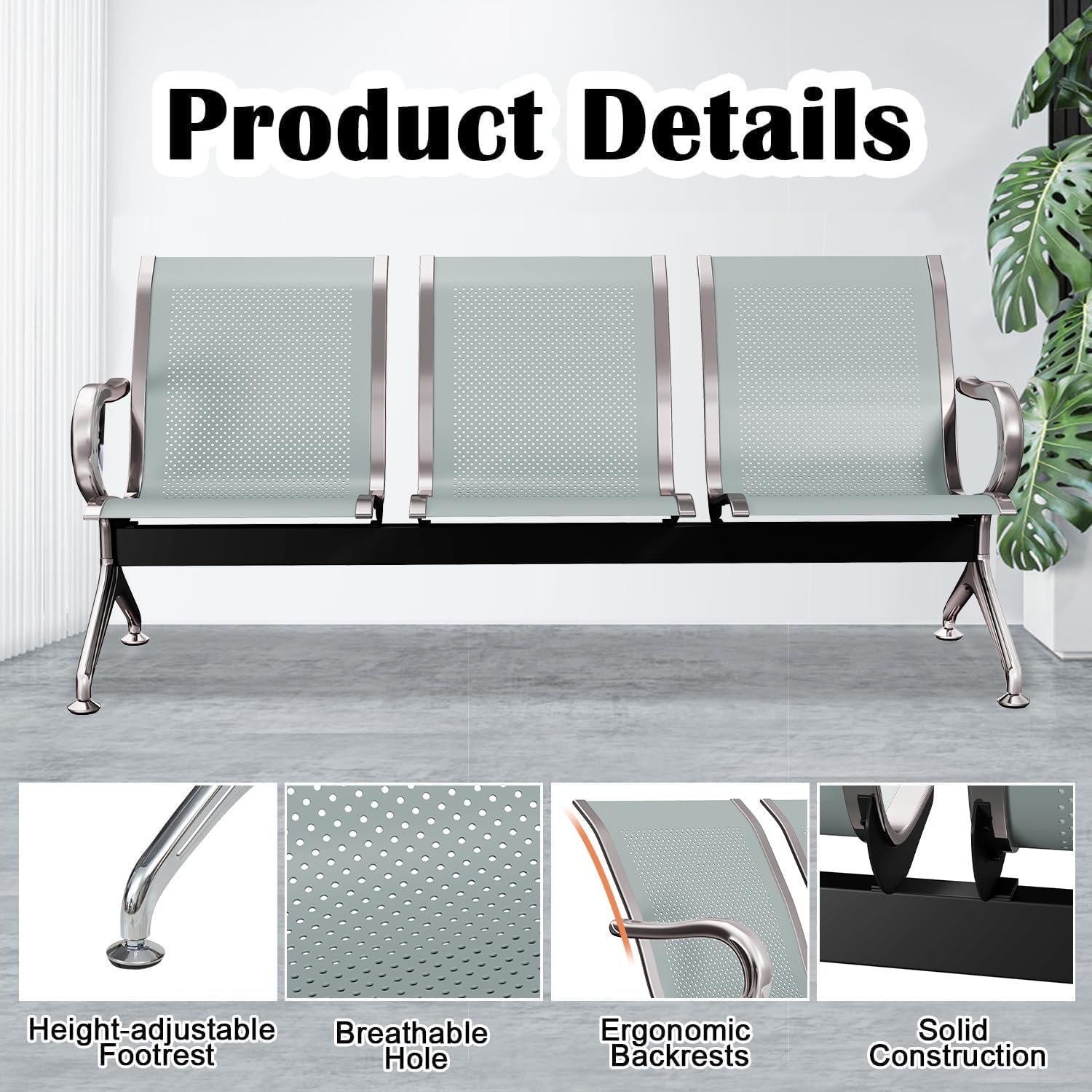 Kinsuite 2-Piece Waiting Room Chair Set - 3-Seat Reception Bench for Office, Airport, Bank & Hospital | Durable Guest Chairs for Business Waiting Areas | Silver Metal Frame | Perfect for Lobbies, Clinics and Corporate Spaces