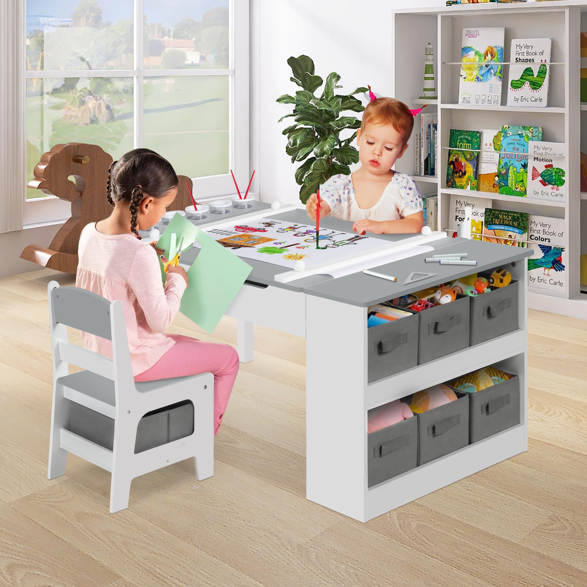 2-in-1 Kids Art Table and Chairs Set with Storage - Wooden Activity Desk for Toddlers Includes 2 Chairs, 8 Canvas Bins, 6 Paint Cups & Paper Roll - Perfect for Drawing, Writing & Creative Play in Nursery or Playroom
