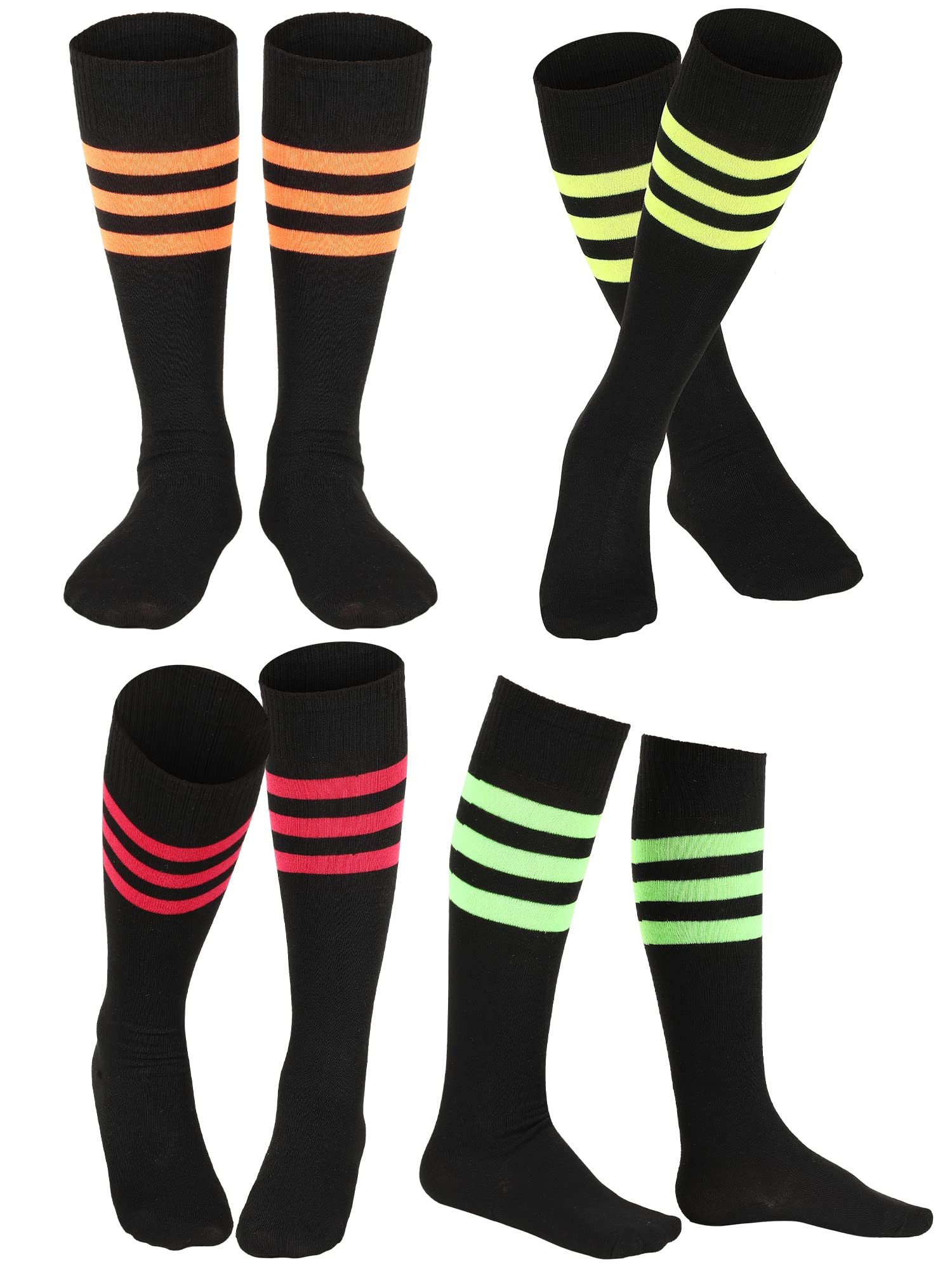 4 Pairs Colorful Striped Knee High Socks for Women & Girls - Soft Cotton Stretchable Fashion Socks for Halloween, Cosplay, and Daily Wear