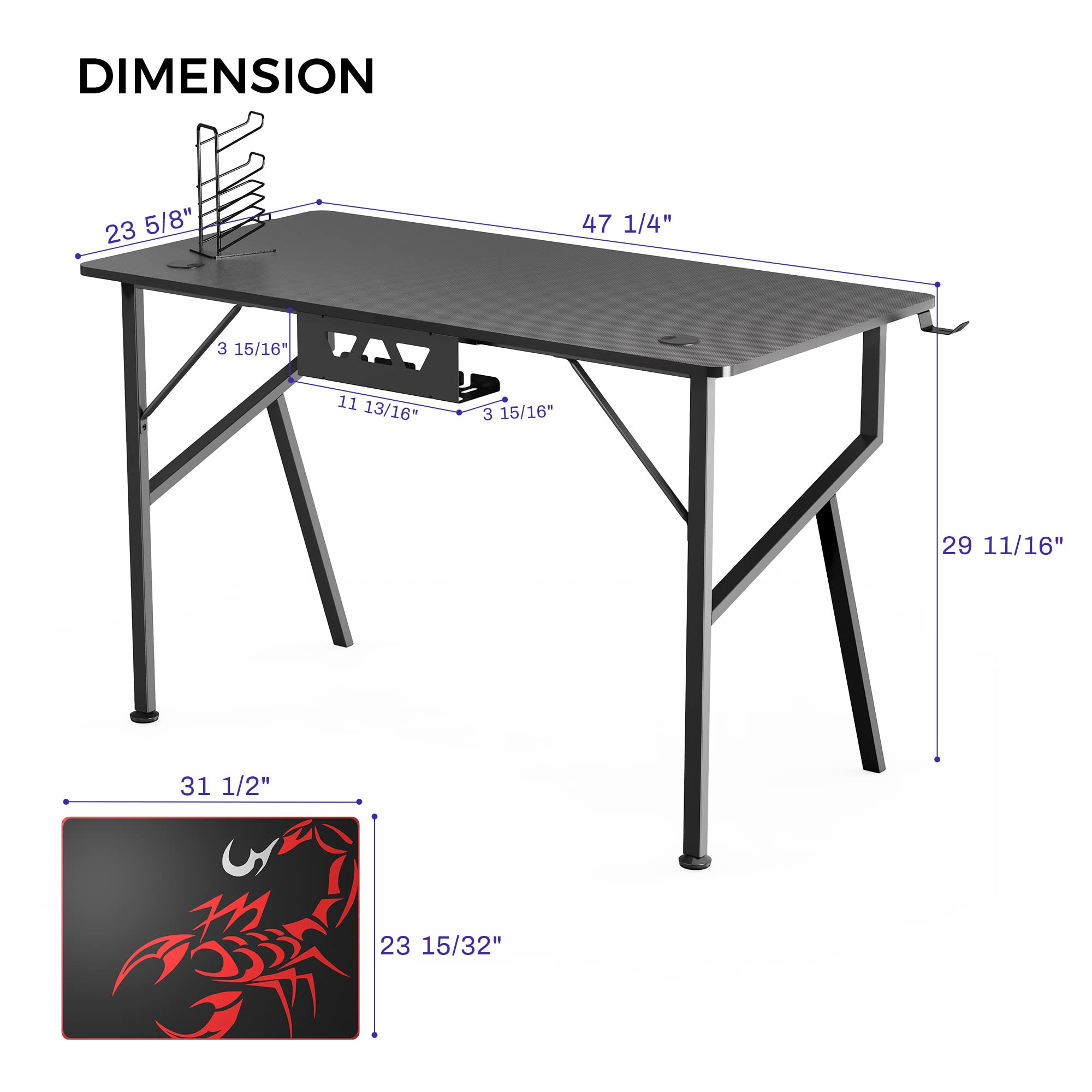 47 Inch K-Frame Gaming Desk - Ergonomic Computer Desk for Home Office & Professional Gamers with Cup Holder, Headphone Hook & Controller Stand | Includes Free Mousepad | Perfect for PC Gaming, Streaming & Remote Work (Black)