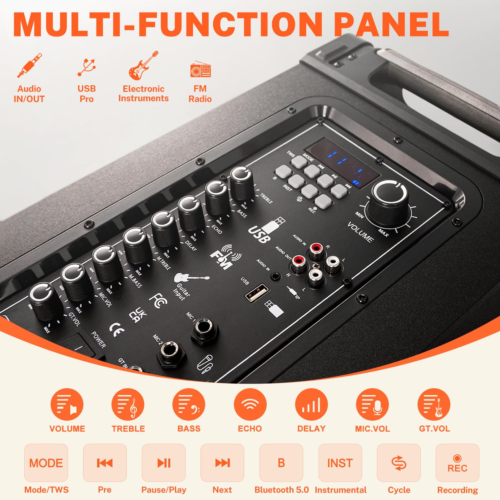 FTSK10-3 10-Inch 3-Way PA System with Bluetooth - Rechargeable Karaoke Speaker with Wireless Crystal Mic, Supports Guitar/USB/FM/AUX/TWS - Perfect for Home Parties, Outdoor Events & Live Performances
