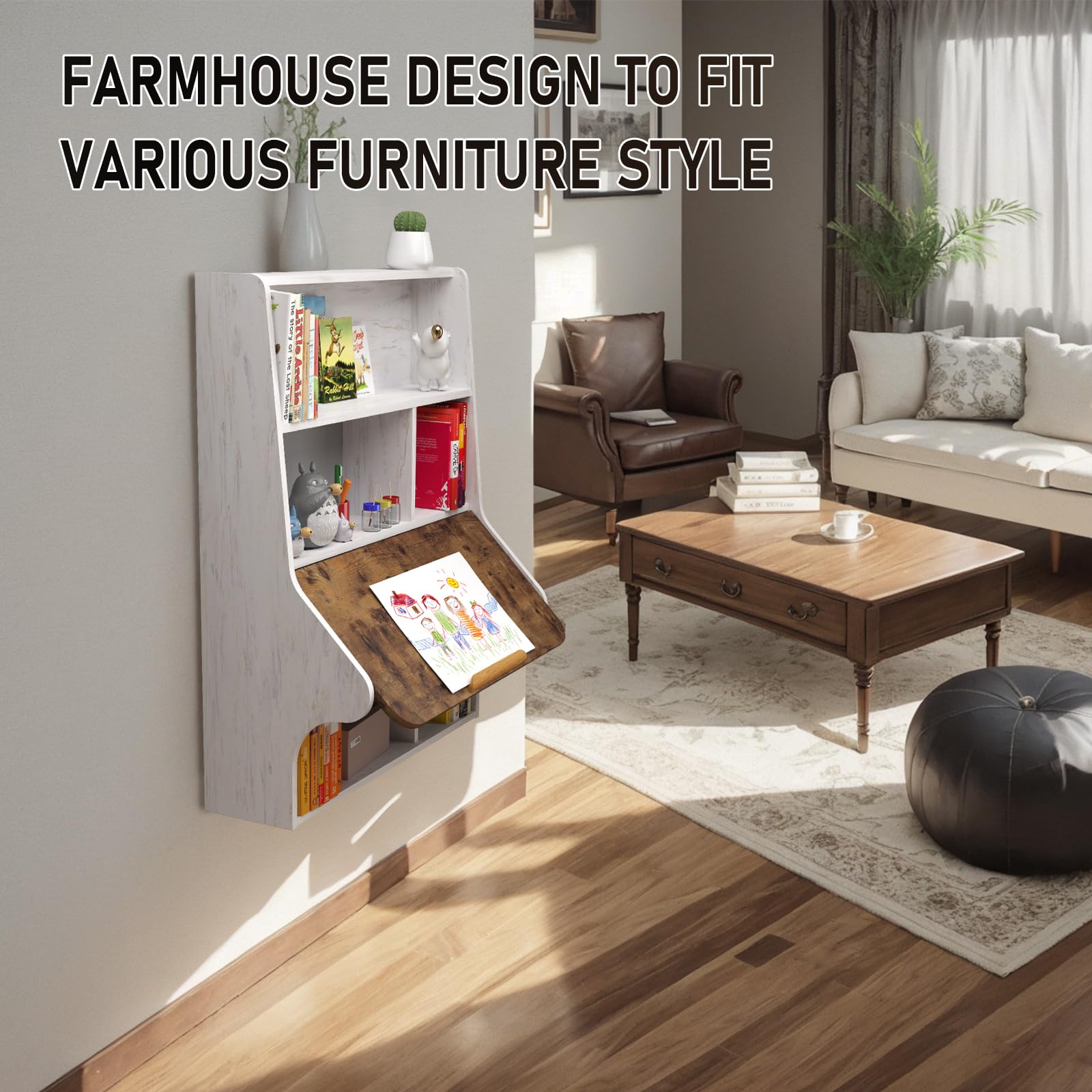 Space Saving Folding Wall Mounted Drop Leaf Table - Foldable Desk with Shelves & Storage Compartments, Adjustable Floating Laptop Stand (4 Angles) - Multifunctional Computer Workstation for Small Apartments, Dorms, Home Offices & Studio Spaces