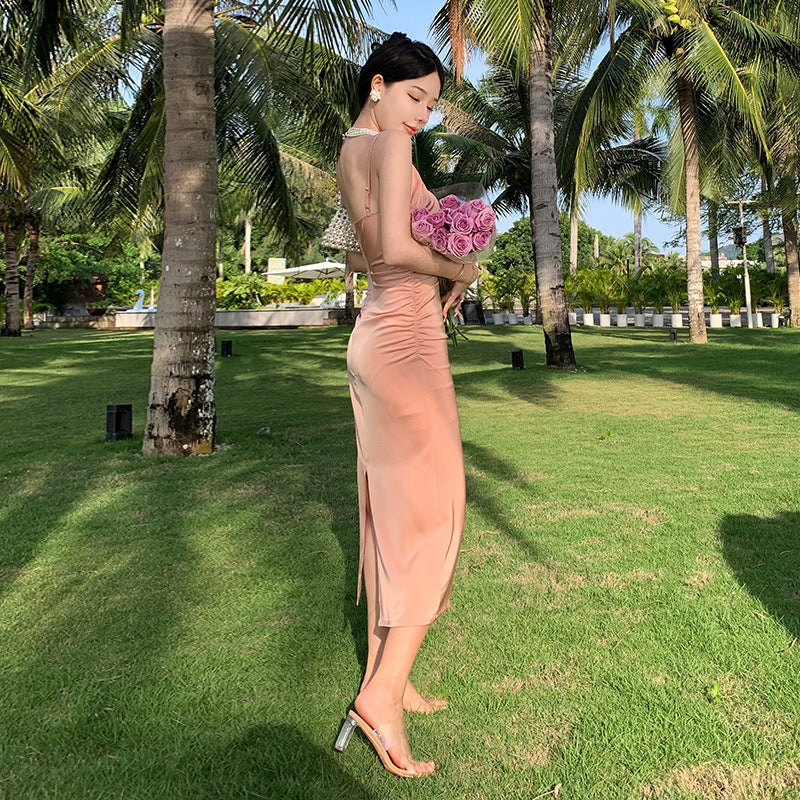 Elegant French Satin Pink Spaghetti Strap Maxi Dress for Women - Beach Vacation, Summer Party & Evening Wear